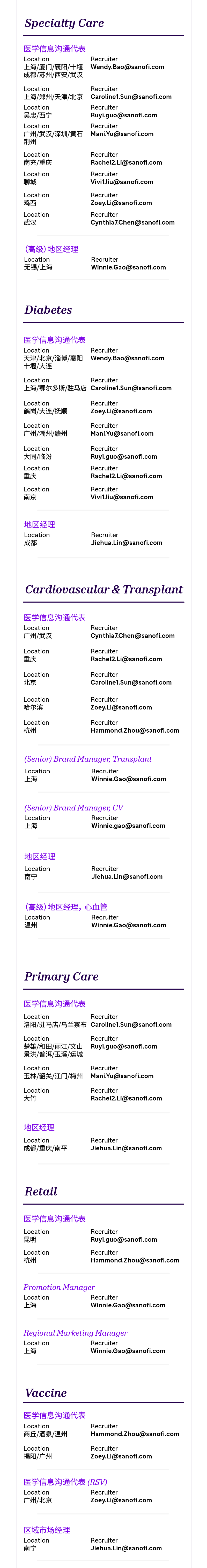 <p>Specialty Care</p>
<p>医学信息沟通代表</p>
<p>Location</p>
<p>Recruiter</p>
<p>上海/厦门/襄阳/十堰Wendy.Bao@sanofi.com<br/>成都/苏州/西安/武汉</p>
<p>Location</p>
<p>Recruiter</p>
<p>上海/郑州/天津/北京</p>
<p>Caroline1.Sun@sanofi.com</p>
<p>Location</p>
<p>Recruiter</p>
<p>吴忠/西宁</p>
<p>Ruyi.guo@sanofi.com</p>
<p>Location</p>
<p>Recruiter</p>
<p>广州/武汉/深圳/黄石Mani.Yu@sanofi.com<br/>荆州</p>
<p>Location</p>
<p>Recruiter</p>
<p>南充/重庆</p>
<p>Rachel2.Li@sanofi.com</p>
<p>Location</p>
<p>Recruiter</p>
<p>聊城</p>
<p>Vivi1.liu@sanofi.com</p>
<p>Location</p>
<p>Recruiter</p>
<p>鸡西</p>
<p>Zoey.Li@sanofi.com</p>
<p>Location</p>
<p>Recruiter</p>
<p>武汉</p>
<p>Cynthia7.Chen@sanofi.com</p>
<p>(高级)地区经理<br/>Location</p>
<p>无锡/上海</p>
<p>Recruiter</p>
<p>Winnie.Gao@sanofi.com</p>
<p>Diabetes</p>
<p>医学信息沟通代表</p>
<p>Location</p>
<p>Recruiter</p>
<p>天津/北京/淄博/襄阳Wendy.Bao@sanofi.com<br/>十堰/大连</p>
<p>Location</p>
<p>Recruiter</p>
<p>上海/鄂尔多斯/驻马店Caroline1.Sun@sanofi.com</p>
<p>Location</p>
<p>鹤岗/大连/抚顺</p>
<p>Location</p>
<p>广州/潮州/赣州</p>
<p>Recruiter</p>
<p>Zoey.Li@sanofi.com<br/>Recruiter</p>
<p>Mani.Yu@sanofi.com</p>
<p>Location<br/>大同/临汾<br/>Location<br/>重庆</p>
<p>Location<br/>南京</p>
<p>Recruiter</p>
<p>Ruyi.guo@sanofi.com<br/>Recruiter</p>
<p>Rachel2.Li@sanofi.com<br/>Recruiter</p>
<p>Vivi1.liu@sanofi.com</p>
<p>地区经理<br/>Location<br/>成都</p>
<p>Recruiter</p>
<p>Jiehua.Lin@sanofi.com</p>
<p>Cardiovascular & Transplant</p>
<p>医学信息沟通代表<br/>Location</p>
<p>广州/武汉</p>
<p>Recruiter</p>
<p>Cynthia7.Chen@sanofi.com</p>
<p>Location<br/>重庆</p>
<p>Recruiter</p>
<p>Rachel2.Li@sanofi.com</p>
<p>Location<br/>北京</p>
<p>Recruiter</p>
<p>Caroline1.Sun@sanofi.com</p>
<p>Location</p>
<p>哈尔滨</p>
<p>Recruiter</p>
<p>Zoey.Li@sanofi.com</p>
<p>Location<br/>杭州</p>
<p>Recruiter</p>
<p>Hammond.Zhou@sanofi.com</p>
<p>(Senior) Brand Manager; Transplant<br/>Location</p>
<p>Recruiter</p>
<p>上海</p>
<p>Winnie.Gao@sanofi.com</p>
<p>(Senior) Brand Manager; CV</p>
<p>Location</p>
<p>Recruiter</p>
<p>上海</p>
<p>Winnie.gao@sanofi.com</p>
<p>地区经理<br/>Location<br/>南宁</p>
<p>Recruiter</p>
<p>Jiehua.Lin@sanofi.com</p>
<p>(高级)地区经理，心血管</p>
<p>Location</p>
<p>Recruiter</p>
<p>温州</p>
<p>Winnie.Gao@sanofi.com</p>
<p>Primary Care</p>
<p>医学信息沟通代表</p>
<p>Location</p>
<p>Recruiter</p>
<p>洛阳/驻马店/乌兰察布Caroline1.Sun@sanofi.com<br/>Location</p>
<p>Recruiter</p>
<p>楚雄/和田/丽江/文山Ruyi.guo@sanofi.com<br/>景洪/普洱/玉溪/运城</p>
<p>Location</p>
<p>Recruiter</p>
<p>玉林/韶关/江门/梅州</p>
<p>Mani.Yu@sanofi.com</p>
<p>Location</p>
<p>Recruiter</p>
<p>大竹</p>
<p>Rachel2.Li@sanofi.com</p>
<p>地区经理<br/>Location</p>
<p>成都/重庆/南平</p>
<p>Recruiter</p>
<p>Jiehua.Lin@sanofi.com</p>
<p>Retail</p>
<p>医学信息沟通代表<br/>Location</p>
<p>昆明</p>
<p>Location</p>
<p>杭州</p>
<p>Recruiter</p>
<p>Ruyi.guo@sanofi.com<br/>Recruiter</p>
<p>Hammond.Zhou@sanofi.com</p>
<p>Promotion Manager</p>
<p>Location</p>
<p>Recruiter</p>
<p>上海</p>
<p>Winnie.Gao@sanofi.com</p>
<p>RegionalMarketing Manager</p>
<p>Location</p>
<p>Recruiter</p>
<p>上海</p>
<p>Winnie.Gao@sanofi.com</p>
<p>Vaccine</p>
<p>医学信息沟通代表</p>
<p>Location</p>
<p>Recruiter</p>
<p>商丘/酒泉/温州</p>
<p>Hammond.Zhou@sanofi.com</p>
<p>Location</p>
<p>Recruiter</p>
<p>揭阳/广州</p>
<p>Zoey.Li@sanofi.com</p>
<p>医学信息沟通代表(RSV)</p>
<p>Location</p>
<p>Recruiter</p>
<p>广州/北京</p>
<p>Zoey.Li@sanofi.com</p>
<p>区域市场经理<br/>Location</p>
<p>南宁</p>
<p>Recruiter</p>
<p>Jiehua.Lin@sanofi.com</p>
