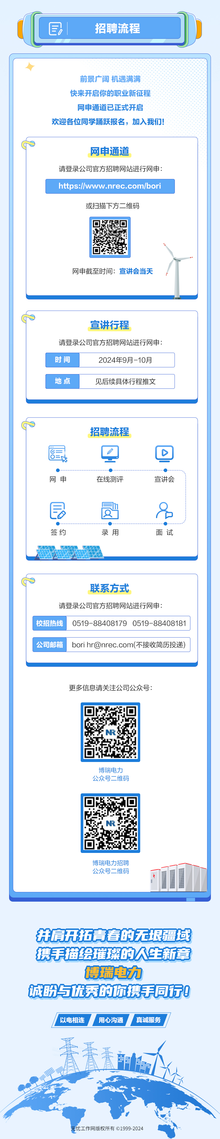 <p>目招聘流程</p>
<p>并肩开拓青春的无垠疆域</p>
<p>携手描绘璀璨的人生新章</p>
<p>博瑞电力</p>
<p>诚盼与优秀的你携手同行0</p>
<p>I以电相连1用心沟通真诚服务 </p>
<p>看晋看</p>
<p>甲</p>
<p>无忧工作网版权所有1999-2024</p>
<table>
<tr><td colspan="2"></td>
</tr>
<tr><td colspan="2">前景广阔机遇满满快来开启你的职业新征程网申通道已正式开启欢迎各位同学踊跃报名,加入我们!</td>
</tr>
<tr><td colspan="2">网申通道请登录公司官方招聘网站进行网申:https://www.nrec.com/bori或扫描下方二维码\\网申截至时间:宣讲会当天 /</td>
</tr>
<tr><td colspan="2"></td>
</tr>
<tr><td colspan="2">宣讲行程请登录公司官方招聘网站进行网申:时间 2024年9月-10月地点 见后续具体行程推文</td>
</tr>
<tr><td colspan="2"></td>
</tr>
<tr><td colspan="2">招聘流程Q D网申 在线测评 宣讲会昆 圆 吕签约 录用 面试A</td>
</tr>
<tr><td colspan="2"></td>
</tr>
<tr><td colspan="2">联系方式请登录公司官方招聘网站进行网申:</td>
</tr>
<tr><td colspan="2">校招热线 0519-88408179 0519-88408181</td>
</tr>
<tr><td colspan="2"></td>
</tr>
<tr><td>公司邮箱</td>
<td>bori hr@nrec.com(不接收简历投递)</td>
</tr>
<tr><td colspan="2"></td>
</tr>
<tr><td colspan="2">更多信息请关注公司公众号:NR博瑞电力公众号二维码nR博瑞电力招聘公众号二维码</td>
</tr>
</table>