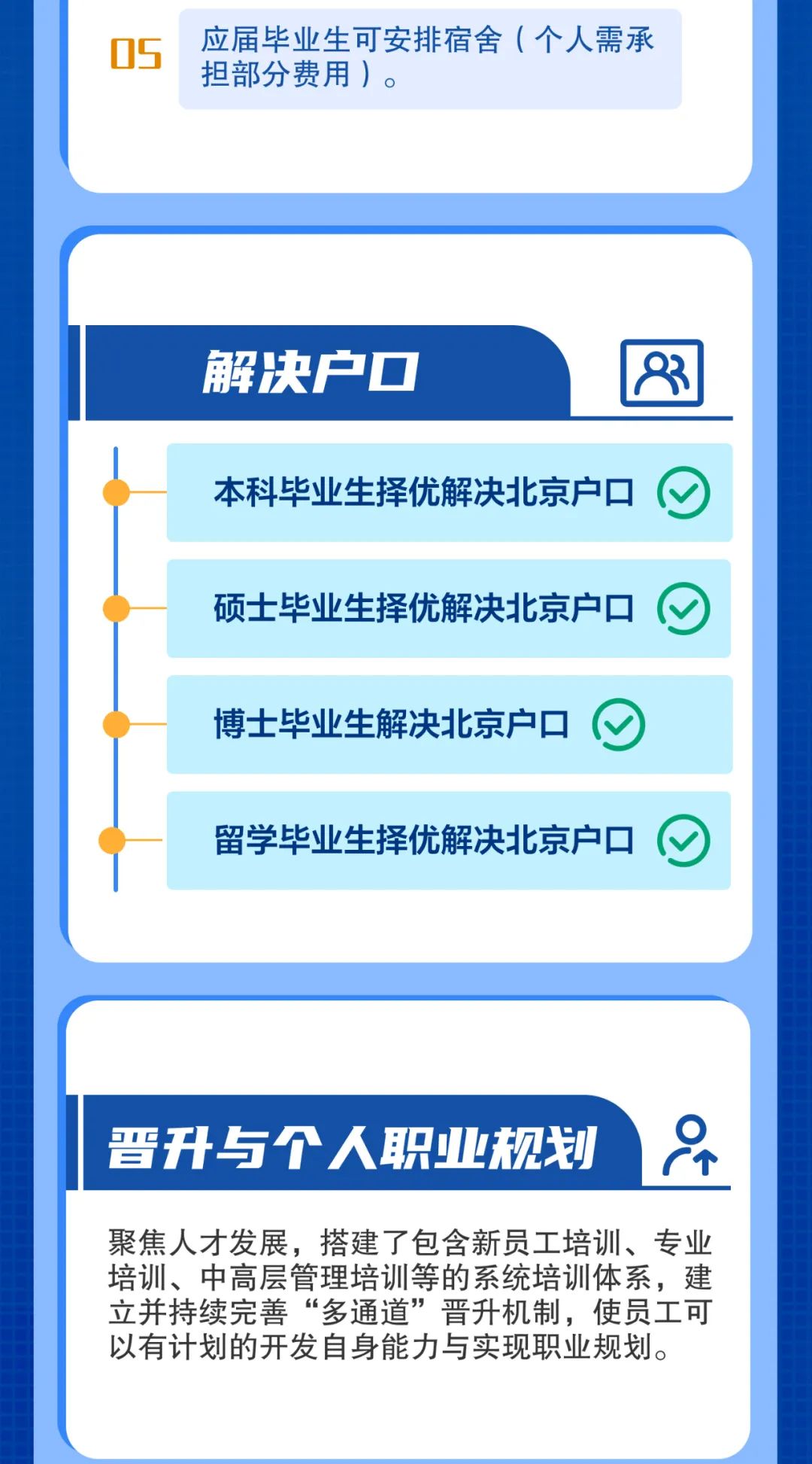 <p>05应届毕业生可安排宿舍(个人需承</p>
<p>担部分费用)。</p>

<table>
<tr><td></td>
</tr>
<tr><td>解决户☐</td>
</tr>
<tr><td>本科毕业生择优解决北京户☐</td>
</tr>
<tr><td></td>
</tr>
<tr><td>硕士毕业生择优解决北京户☐</td>
</tr>
<tr><td>博士毕业生解决北京户☐</td>
</tr>
<tr><td>留学毕业生择优解决北京户☐</td>
</tr>
<tr><td></td>
</tr>
<tr><td>晋升与个人职业规划 品</td>
</tr>
<tr><td>聚焦人才发展,搭建了包含新员工培训、专业培训、中高层管理培训等的系统培训体系,建立并持续完善“多通道”晋升机制,使员工可以有计划的开发自身能力与实现职业规划。</td>
</tr>
</table>
