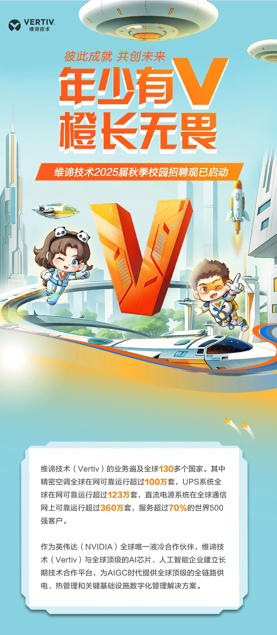 <p>VERTIV</p>
<p>维谛技术</p>
<p>彼此成就 共创未来</p>
<p>年少有<br/>橙长无畏<br/>维谛技术2025届秋季校园招聘现已启动</p>
<p> </p>
<p>维谛技术(Vertiv)的业务遍及全球130多个国家。其中<br/>精密空调全球在网可靠运行超过100万套，UPS系统全<br/>球在网可靠运行超过123万套，直流电源系统在全球通信<br/>网上可靠运行超过360万套，服务超过70%的世界500<br/>强客户。</p>
<p>作为英伟达(NVIDIA)全球唯一液冷合作伙伴，维谛技<br/>术(Vertiv)与全球顶级的AI芯片、人工智能企业建立长<br/>期技术合作平台，为AIGC时代提供全球顶级的全链路供<br/>电、热管理和关键基础设施数字化管理解决方案。</p>
