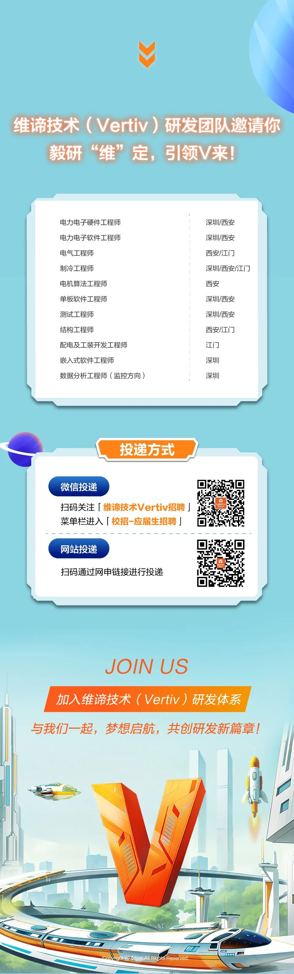 <p>维谛技术(Vertiv)研发团队邀请你<br/>毅研“维”定，引领V来!</p>
<p>电力电子硬件工程师<br/>电力电子软件工程师<br/>电气工程师</p>
<p>制冷工程师</p>
<p>电机算法工程师</p>
<p>单板软件工程师</p>
<p>测试工程师</p>
<p>结构工程师</p>
<p>配电及工装开发工程师<br/>嵌入式软件工程师</p>
<p>数据分析工程师(监控方向</p>
<p>深圳西安<br/>深圳西安<br/>西安/江门</p>
<p>深圳/西安/江门<br/>西安</p>
<p>深圳/西安<br/>深圳/西安<br/>西安/江门<br/>江门</p>
<p>深圳</p>
<p>深圳</p>
<p>投递方式</p>
<p>微信投递</p>
<p>扫码关注「维谛技术Vertiv招聘<br/>菜单栏进入「校招-应届生招聘</p>
<p>网站投递</p>
<p>扫码通过网申链接进行投递</p>
<p>JOIN US</p>
<p>加入维谛技术(Vertiv)研发体系<br/>与我们一起，梦想启航，共创研发新篇章!</p>
