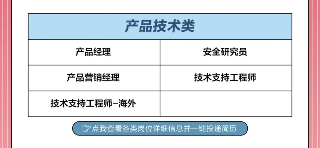 <p>宝点我查看各类岗位详细信息并一键投递简历</p>

<table>
<tr><td colspan="2">产品技术类</td>
</tr>
<tr><td>产品经理</td>
<td>安全研究员</td>
</tr>
<tr><td>产品营销经理</td>
<td>技术支持工程师</td>
</tr>
<tr><td>技术支持工程师-海外</td>
<td></td>
</tr>
</table>
