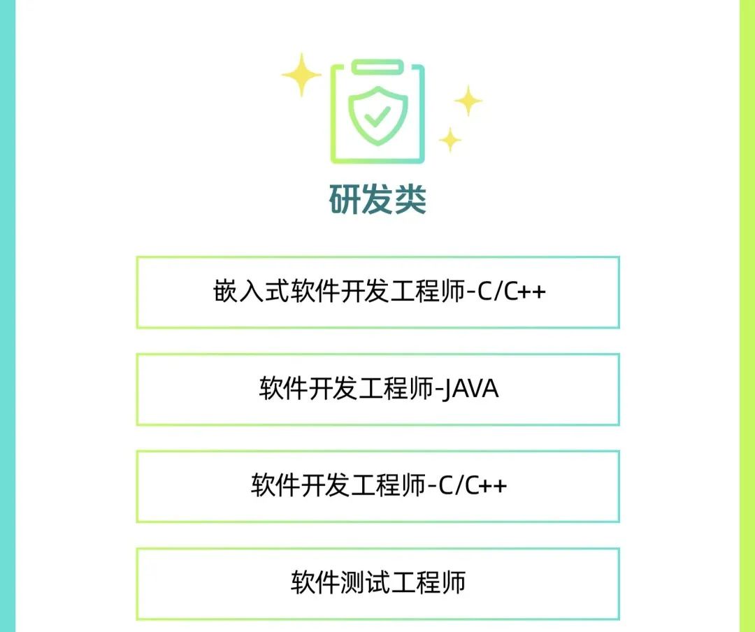 <p>研发类</p><p>嵌入式软件开发工程师-C/C++</p><p>软件开发工程师-JAVA<br/>软件开发工程师-C/C++</p><p>软件测试工程师</p>