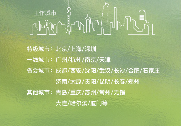 <p>工作城市<br/> </p>
<p> </p>
<p>特级城市:北京/上海/深圳</p>
<p>一线城市:广州/杭州/南京/天津</p>
<p>省会城市:成都/西安/沈阳/武汉/长沙/合肥/石家庄</p>
<p>济南/太原/贵阳/昆明/长春/郑州</p>
<p>其他城市:青岛/重庆/苏州/常州/无锡</p>
<p>大连/哈尔滨/厦门等</p>
