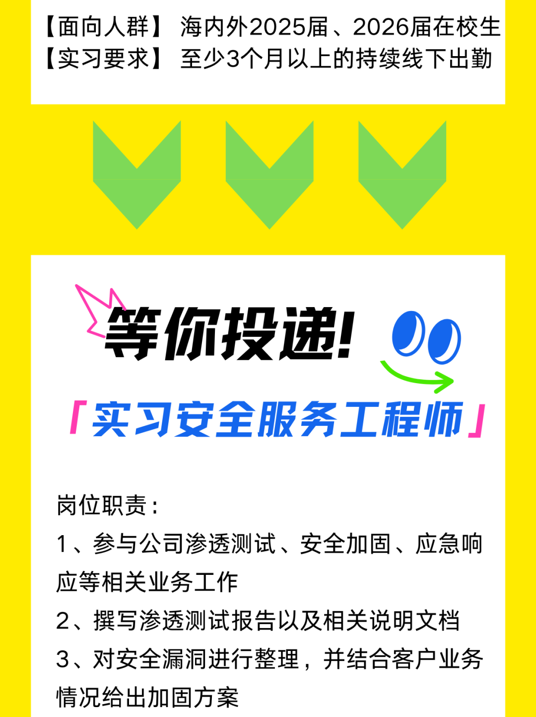 
<table>
<tr><td>[面向人群] 海内外2025届、2026届在校生[实习要求] 至少3个月以上的持续线下出勤</td>
</tr>
<tr><td></td>
</tr>
<tr><td>等你投递! 00>「实习安全服务工程师」岗位职责:1、参与公司渗透测试、安全加固、应急响应等相关业务工作2、撰写渗透测试报告以及相关说明文档3、对安全漏洞进行整理,并结合客户业务情况给出加固方案</td>
</tr>
</table>
