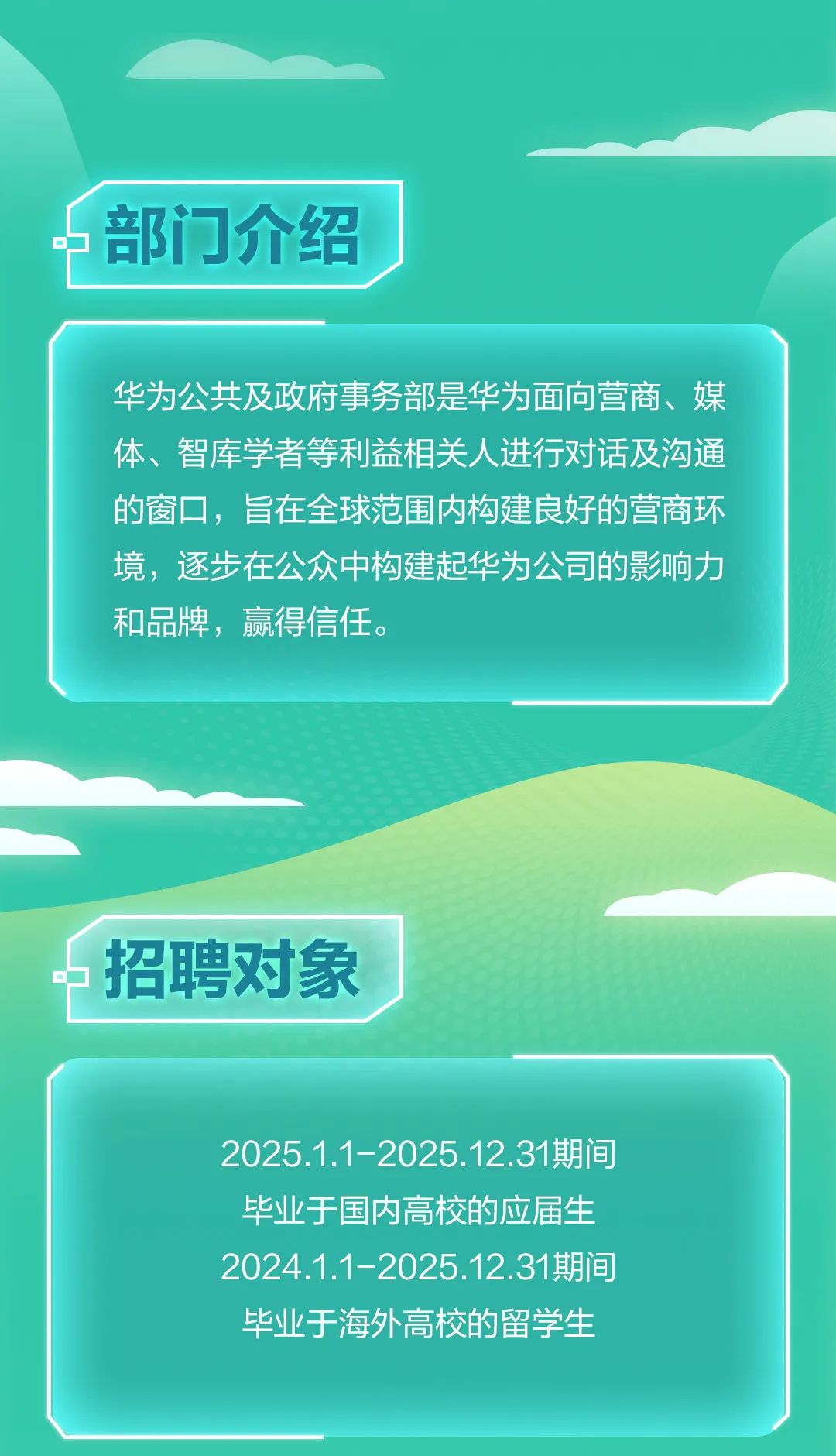 <p>部门介绍</p>
<p>华为公共及政府事务部是华为面向营商、媒<br/>体、智库学者等利益相关人进行对话及沟通<br/>的窗口，旨在全球范围内构建良好的营商环<br/>境，逐步在公众中构建起华为公司的影响力<br/>和品牌，赢得信任。</p>
<p>招聘对象</p>
<p>2025.1.1-2025.12.31期间<br/>毕业于国内高校的应届生<br/>2024.1.1-2025.12.31期间<br/>毕业于海外高校的留学生</p>

