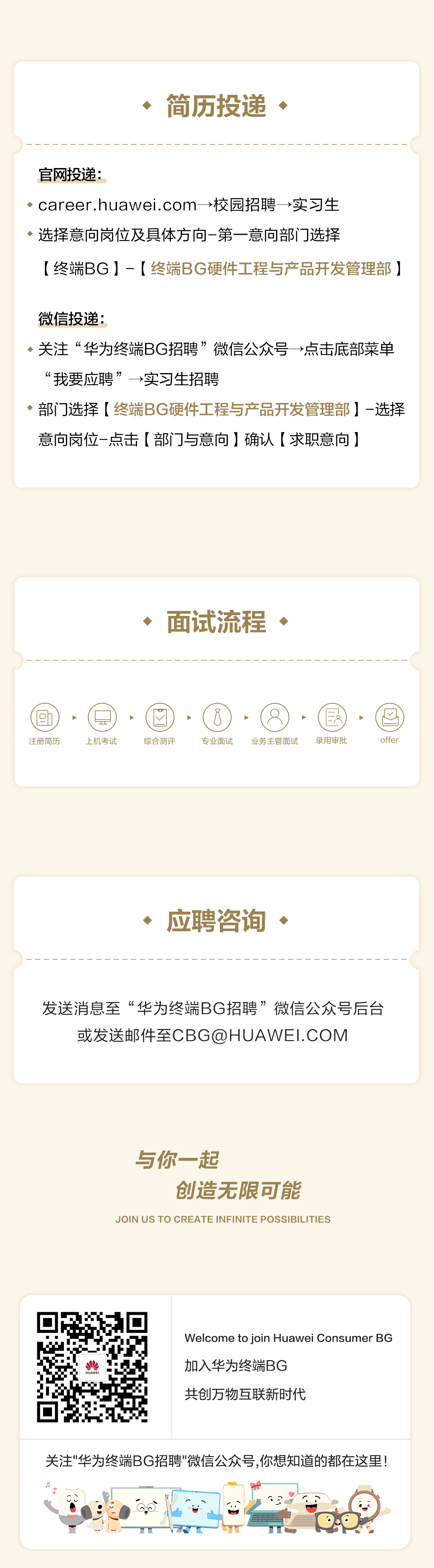 <p>简历投递</p>
<p>官网投递:</p>
<p>career.huawei.com→>校园招聘→实习生</p>
<p>选择意向岗位及具体方向-第一意向部门选择</p>
<p>[终端BG]-[终端BG硬件工程与产品开发管理部]</p>
<p>微信投递:</p>
<p>关注“华为终端BG招聘”微信公众号→点击底部菜单<br/>“我要应聘”→实习生招聘</p>
<p>部门选择[终端BG硬件工程与产品开发管理部]-选择<br/>山，</p>
<p>、r</p>
<p> </p>
<p>T6\\</p>
<p> </p>
<p>意向岗位-点击[部门与意向]确认[求职意向]</p>
<p>、面试流程、</p>
<p>oh</p>
<p>注册简历</p>
<p>上机考试</p>
<p>综合测评</p>
<p>(8)(8)(巨<br/>专业面试<br/>业务主管面试<br/>录用审批</p>
<p>offer</p>
<p>应聘咨询</p>
<p>发送消息至“华为终端BG招聘”微信公众号后台<br/>或发送邮件至CBG@HUAWEI.COM</p>
<p>与你一起</p>
<p>创造无限可能</p>
<p>JOIN US TO CREATE INFINITE POSSIBILITIES</p>
<p>HUAWEI</p>
<p>Welcome to join Huawei Consumer BG<br/>加入华为终端BG</p>
<p>共创万物互联新时代</p>
<p>关注"华为终端BG招聘"微信公众号,你想知道的都在这里!</p>
