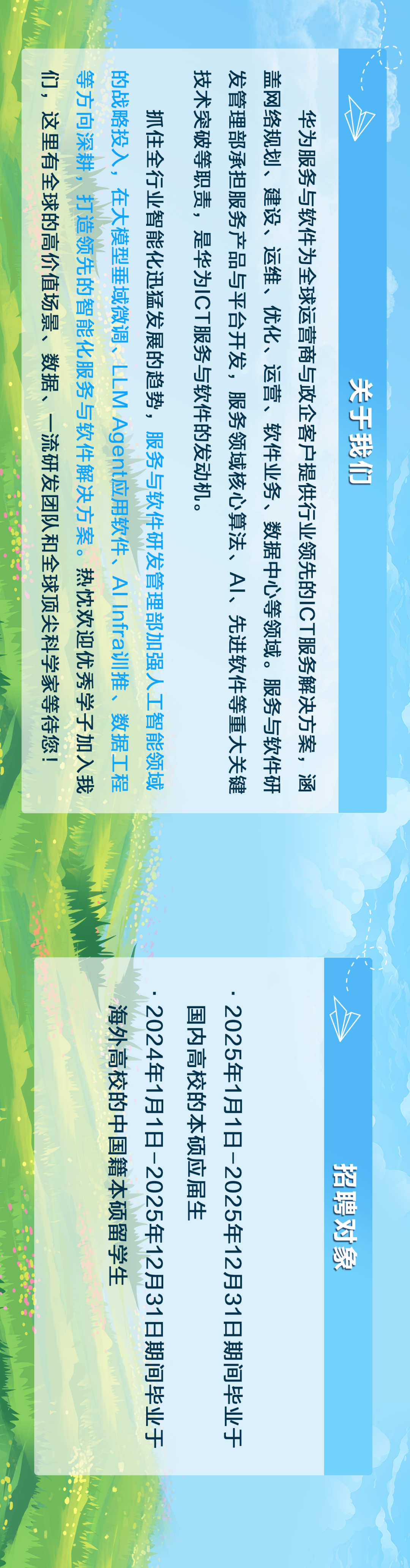 <p>技术突破等职责，是华为ICT服务与软件的发动机。</p>
<p>抓住全行业智能化迅猛发展的趋势</p>
<p>们，这里有全球的高价值场景、数据、一流研发团队和全球顶尖科学家等待您!</p>
<p>盖网络规划、建设、运维、优化、运营、软件业务、数据中心等领域。服务与软件研</p>
<p>等方向深耕，打造领先的智能化服务与软件解决方案。热忱欢迎优秀学子加入我</p>
<p>发管理部承担服务产品与平台开发，服务领域核心算法、AI、先进软件等重大关键</p>
<p>的战略投入，在大模型垂域微调、LLMAgent应用软件、AIInfra训推、数据工程</p>
<p>华为服务与软件为全球运营商与政企客户提供行业领先的ICT服务解决方案，涵</p>
<p>关于我们</p>
<p>，服务与软件研发管理部加强人工智能领域</p>
<p>国内高校的本硕应届生</p>
<p>海外高校的中国籍本硕留</p>
<p>.2024年1月1日-2025年12月31日期间毕业于</p>
<p>.2025年1月1日-2025年12月31日期间毕业于</p>
<p>招聘对象</p>
<p>学生</p>
