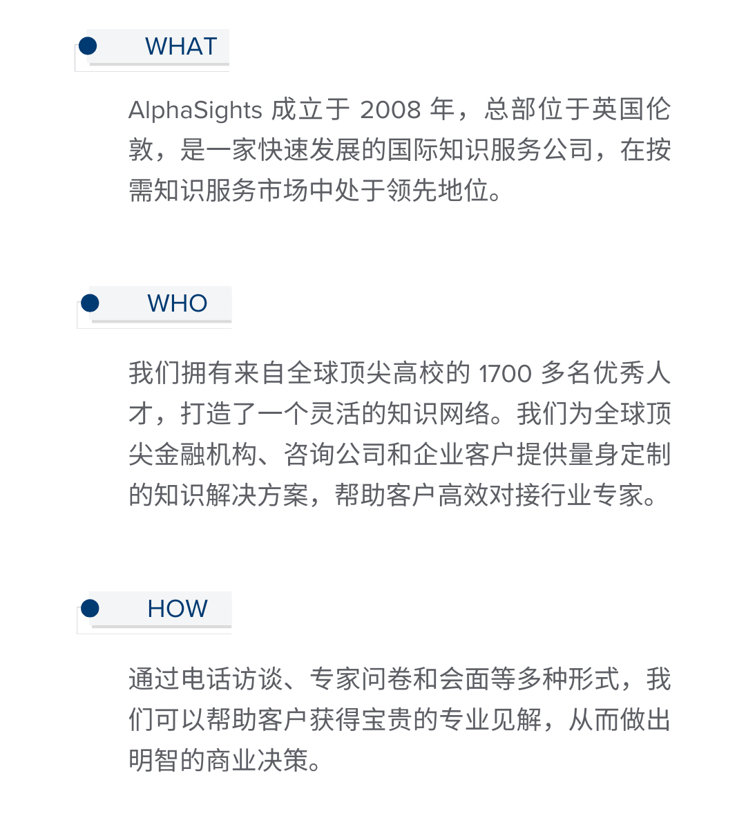 <p>WHAT</p>
<p>AlphaSights成立于2008年，总部位于英国伦<br/>敦，是一家快速发展的国际知识服务公司，在按<br/>需知识服务市场中处于领先地位。</p>
<p>WHO</p>
<p>我们拥有来自全球顶尖高校的1700多名优秀人<br/>才，打造了一个灵活的知识网络。我们为全球顶<br/>尖金融机构、咨询公司和企业客户提供量身定制<br/>的知识解决方案，帮助客户高效对接行业专家。</p>
<p>HOW</p>
<p>通过电话访谈、专家问卷和会面等多种形式，我<br/>们可以帮助客户获得宝贵的专业见解，从而做出<br/>明智的商业决策。</p>
