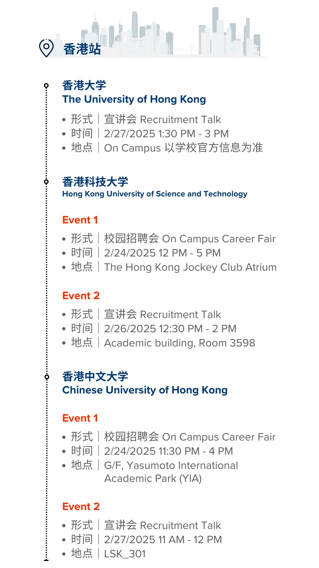 <p>香港站</p>
<p>香港大学</p>
<p>The University of Hong Kong</p>
<p>。形式|宣讲会Recruitment Talk<br/>●时间|2/27/20251:30 PM-3 PM</p>
<p>●地点|OnCampus 以学校官方信息为准</p>
<p>香港科技大学</p>
<p>Hong Kong University of Science and Technology</p>
<p>Event1</p>
<p>●形式|校园招聘会 On Campus CareerFair<br/>●时间|2/24/202512 PM-5 PM</p>
<p>● 地点|The Hong Kong Jockey Club Atrium</p>
<p>Event 2</p>
<p>●形式|宣讲会Recruitment Talk<br/>●时间|2/26/2025 12:30 PM- 2 PM<br/>●地点|Academic building,Room 3598</p>
<p>香港中文大学</p>
<p>Chinese University of Hong Kong</p>
<p>Event 1</p>
<p>●形式|校园招聘会 On Campus Career Fair<br/>●时间|2/24/2025 11:30 PM-4 PM</p>
<p>● 地点|G/F, Yasumoto International</p>
<p>Academic Park(YIA)</p>
<p>Event 2</p>
<p>●形式|宣讲会Recruitment Talk<br/>●时间|2/27/2025 11AM-12 PM<br/>●地点|LSK_3O1</p>
