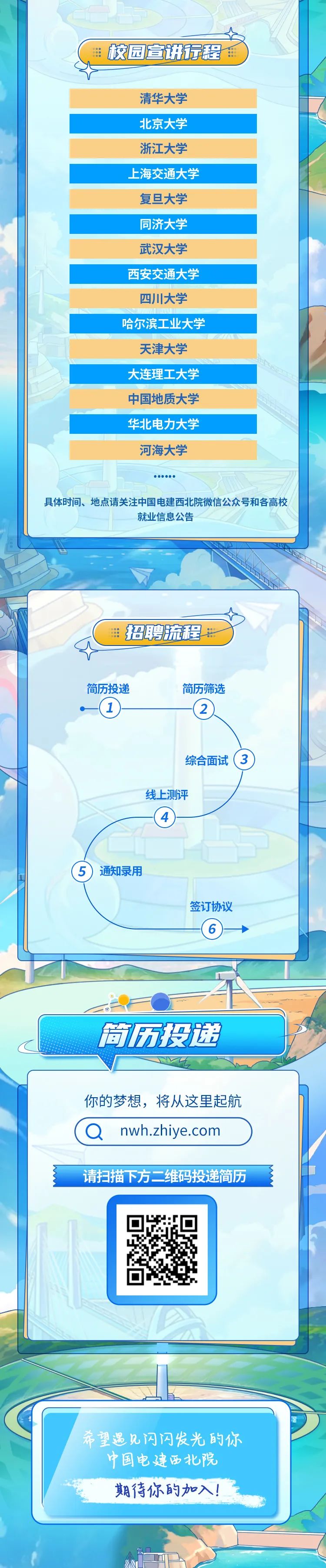 <p>田校园宣讲方程:</p>
<p>清华大学</p>
<p>北京大学</p>
<p>浙江大学</p>
<p>上海交通大学</p>
<p>复旦大学</p>
<p>同济大学</p>
<p>武汉大学</p>
<p>西安交通大学</p>
<p>四川大学</p>
<p>哈尔滨工业大学</p>
<p>天津大学</p>
<p>大连理工大学</p>
<p>中国地质大学</p>
<p>华北电力大学</p>
<p>河海大学</p>
<p>800000</p>
<p>具体时间、地点请关注中国电建西北院微信公众号和各高校</p>
<p>就业信息公告</p>
<p>田招聘流程</p>
<p>简历投递简历筛选</p>
<p>(1)(2</p>
<p>综合面试3)</p>
<p>线上测评</p>
<p>(4</p>
<p>(5)通知录用</p>
<p>签订协议</p>
<p>(6)</p>
<p>简历投递</p>
<p>你的梦想,将从这里起航</p>
<p>(Qnwh.zhiye.com</p>
<p>请扫描下方二维码投递简历</p>
<p>希望遇见闪闪发光的你</p>
<p>中国电建西北院</p>
<p>期待你的加入!</p>
