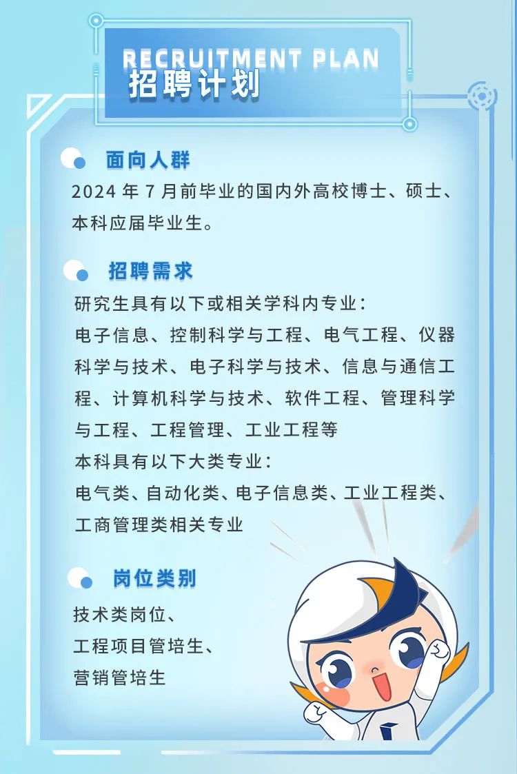 <p>RECRUITMENT PLAN<br/>招聘计划</p>
<p>面向人群</p>
<p>2024年7月前毕业的国内外高校博士、硕士、<br/>本科应届毕业生。</p>
<p>招聘需求</p>
<p>研究生具有以下或相关学科内专业:</p>
<p>电子信息、控制科学与工程、电气工程、仪器<br/>科学与技术、电子科学与技术、信息与通信工<br/>程、计算机科学与技术、软件工程、管理科学<br/>与工程、工程管理、工业工程等</p>
<p>本科具有以下大类专业:</p>
<p>电气类、自动化类、电子信息类、工业工程类、<br/>工商管理类相关专业</p>
<p>岗位类别<br/>技术类岗位、</p>
<p>工程项目管培生、<br/>营销管培生</p>
