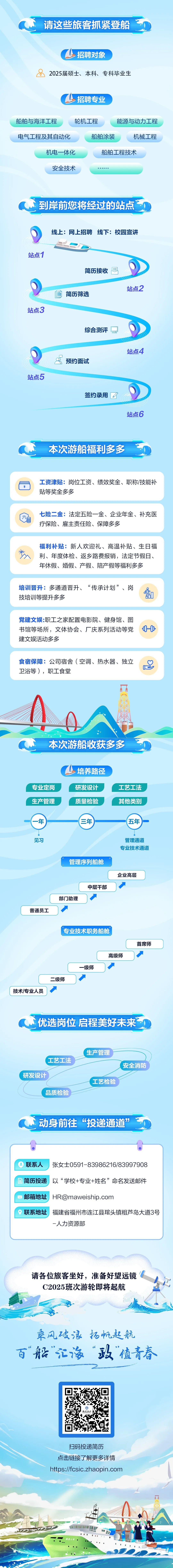 <p>请这些旅客抓紧登船</p>
<p>招聘对象</p>
<p>2025届硕士、本科、专科毕业生</p>
<p>招聘专业</p>
<p>船舶与海洋工程</p>
<p>轮机工程</p>
<p>能源与动力工程</p>
<p>电气工程及其自动化</p>
<p>船舶涂装</p>
<p>机械工程</p>
<p>机电一体化</p>
<p>船舶工程技术</p>
<p>安全技术</p>
<p>到岸前您将经过的站点</p>
<p>线上:网上招聘线下:校园宣讲</p>
<p>站点1</p>
<p>站点3</p>
<p>简历接收<br/> </p>
<p>E<br/>简历筛选</p>
<p>站点2</p>
<p>综合测评</p>
<p>预约面试</p>
<p>站点4</p>
<p>站点5</p>
<p>签约录用6</p>
<p>站点6</p>
<p>本次游船福利多多</p>
<p>工资津贴:岗位工资、绩效奖金、职称/技能补<br/>贴等奖金多多</p>
<p>六<br/> </p>
<p>七险二金:法定五险一金、企业年金、补充医<br/>疗保险、雇主责任险、保障多多</p>
<p>福利补贴:新人欢迎礼、高温补贴、生日福<br/>利、年度体检、返乡路费报销，法定节假日、<br/>年休假、婚假、产假、陪产假等福利多多</p>
<p>培训晋升:多通道晋升、&ldquo;传承计划&rdquo;、岗<br/>技培训等提升多多</p>
<p>口</p>
<p>党建文娱:职工之家配置电影院、健身馆、图<br/>书馆等场所，文体协会、厂庆系列活动等党<br/>建文娱活动多多</p>
<p>10</p>
<p>食宿保障:公司宿舍(空调、热水器、独立<br/>卫浴等)，职工食堂</p>
<p>0S</p>
<p> </p>
<p>本次游船收获多多</p>
<p>专业定岗<br/>生产管理</p>
<p>培养路径<br/>研发设计<br/>质量检验</p>
<p>工艺工法<br/>其他类别</p>
<p>年</p>
<p>三年</p>
<p>五年</p>
<p>见习</p>
<p>管理通道<br/>专业技术通道</p>
<p>管理序列船舱</p>
<p>普通员工</p>
<p>部门助理</p>
<p>中层干部</p>
<p>企业高层</p>
<p>专业技术职务船舱</p>
<p>技术/专业人员</p>
<p>二级师</p>
<p>一级师</p>
<p>高级师</p>
<p>首席师</p>
<p>优选岗位 启程美好未来</p>
<p>工艺工法</p>
<p>研发设计</p>
<p>品质检验</p>
<p>生产管理</p>
<p>安全消防</p>
<p>工艺检验</p>
<p>动身前往&ldquo;投递通道&rdquo;</p>
<p>联系人张女士0591-83986216/83997908</p>
<p>固简历投递以&ldquo;学校+专业+姓名&rdquo;命名发送邮件</p>
<p> </p>
<p>邮箱地址</p>
<p>HR@maweiship.com</p>
<p>联系地址福建省福州市连江县琯头镇粗芦岛大道3号</p>
<p>-人力资源部</p>
<p>请各位旅客坐好，准备好望远镜</p>
<p>C2025班次游轮即将起航</p>
<p>乘风破浪拓帆起航<br/>百船&rdquo;汇海&ldquo;政值青春</p>
<p>扫码投递简历</p>
<p>点击链接了解更多详情<br/>https://fcsic.zhaopin.com</p>
