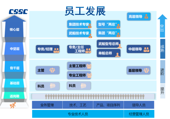 <p>CSSC</p>
<p>核心层</p>
<p>员工发展<br/>集团技术专家</p>
<p>型号“两总”</p>
<p>武船技术专家</p>
<p>集团“两总”</p>
<p>高层领导 </p>
<p>突出</p>
<p>中坚层</p>
<p>专务/经理</p>
<p>专务/主任</p>
<p>工程师</p>
<p>武船型号总师<br/>单船总师</p>
<p>中层领导<br/> </p>
<p>成熟</p>
<p>骨干层</p>
<p>基础层</p>
<p>适岗期</p>
<p>主管</p>
<p>主管工程师<br/>专业工程师</p>
<p>科员</p>
<p>科员</p>
<p>基层领导</p>
<p>进阶</p>
<p>提升</p>
<p>业务管理</p>
<p>技术、工艺<br/>专业技术人员</p>
<p>产品、项目序列</p>
<p>领导人员<br/>经营管理人员</p>
