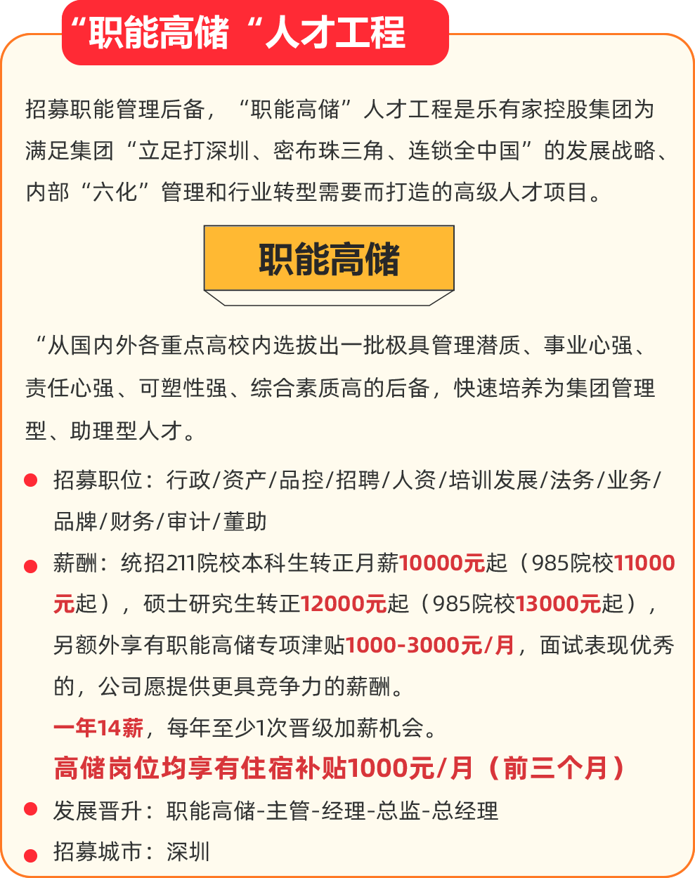 <p>t "职能高储"人才工程</p>
<p>招募职能管理后备,“职能高储”人才工程是乐有家控股集团为</p>
<p>满足集团“立足打深圳、密布珠三角、连锁全中国”的发展战略、</p>
<p>内部“六化”管理和行业转型需要而打造的高级人才项目。</p>
<p>职能高储</p>
<p>“从国内外各重点高校内选拔出一批极具管理潜质、事业心强、</p>
<p>责任心强、可塑性强、综合素质高的后备,快速培养为集团管理</p>
<p>型、助理型人才。</p>
<p> 招募职位:行政/资产/品控/招聘/人资/培训发展/法务/业务/</p>
<p>品牌/财务/审计/董助</p>
<p>薪酬:统招211院校本科生转正月薪10000元起(985院校11000</p>
<p>元起) ,硕士研究生转正12000元起(985院校13000元起) ,</p>
<p>另额外享有职能高储专项津贴1000-3000元/月,面试表现优秀</p>
<p>的,公司愿提供更具竞争力的薪酬。</p>
<p>-年14薪,每年至少1次晋级加薪机会。</p>
<p>高储岗位均享有住宿补贴1000元/月(前三个月)</p>
<p>发展晋升:职能高储-主管-经理-总监-总经理</p>
<p>招募城市深圳</p>
