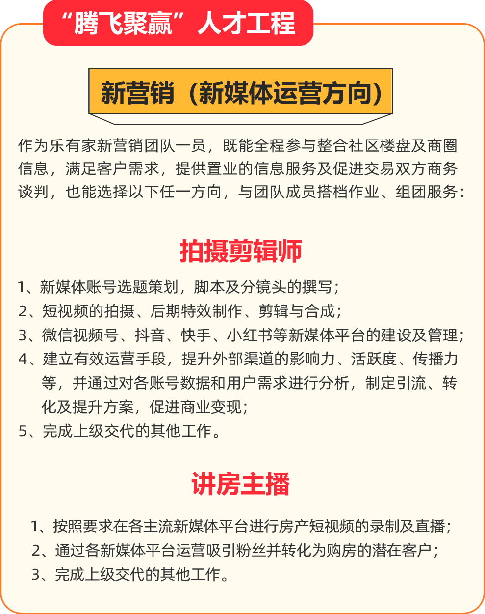 <p>-“腾飞聚赢"人才工程</p>
<p>新营销(新媒体运营方向)</p>
<p>作为乐有家新营销团队-员,既能全程参与整合社区楼盘及商圈</p>
<p>信息,满足客户需求,提供置业的信息服务及促进交易双方商务</p>
<p>谈判,也能选择以下任一方向,与团队成员搭档作业、组团服务:</p>
<p>拍摄剪辑师</p>
<p>1、新媒体账号选题策划,脚本及分镜头的撰写;</p>
<p>2、短视频的拍摄、后期特效制作、剪辑与合成;</p>
<p>3、微信视频号、抖音、快手、小红书等新媒体平台的建设及管理;</p>
<p>4、建立有效运营手段,提升外部渠道的影响力、活跃度、传播力</p>
<p>等,并通过对各账号数据和用户需求进行分析,制定引流、转</p>
<p>化及提升方案,促进商业变现;</p>
<p>5、完成_上级交代的其他工作。</p>
<p>讲房主播</p>
<p>1、按照要求在各主流新媒体平台进行房产短视频的录制及直播;</p>
<p>2、通过各新媒体平台运营吸弓|粉丝并转化为购房的潜在客户</p>
<p>3、完成上级交代的其他工作。</p>
