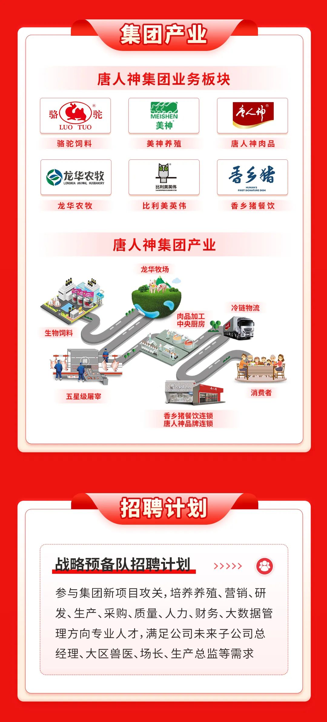 <p>集团产业</p>
<p>唐人神集团业务板块</p>
<p>驼</p>
<p>LUO TUO<br/>骆驼饲料</p>
<p>FaSr</p>
<p>美神<br/>美神养殖</p>
<p>唐人祎<br/>唐人神肉品</p>
<p>龙华农牧<br/>LONGHUA ANLMAL HUSBANDRY</p>
<p>龙华农牧</p>
<p> </p>
<p>比利美英伟<br/>比利美英伟</p>
<p>香乡猪</p>
<p>EOs HUNANs Ds<br/>香乡猪餐饮</p>
<p>唐人神集团产业<br/>龙华牧场</p>
<p>生物饲料</p>
<p>肉品加工<br/>中央厨房</p>
<p>冷链物流</p>
<p>五星级屠宰</p>
<p>香乡猪餐饮连锁<br/>唐人神品牌连锁</p>
<p>消费者</p>
<p>招聘计划</p>
<p>战略预备队招聘计划</p>
<p>>>>>></p>
<p>参与集团新项目攻关,培养养殖、营销、研<br/>发、生产、采购、质量、人力、财务、大数据管<br/>理方向专业人才,满足公司未来子公司总<br/>经理、大区兽医、场长、生产总监等需求</p>
