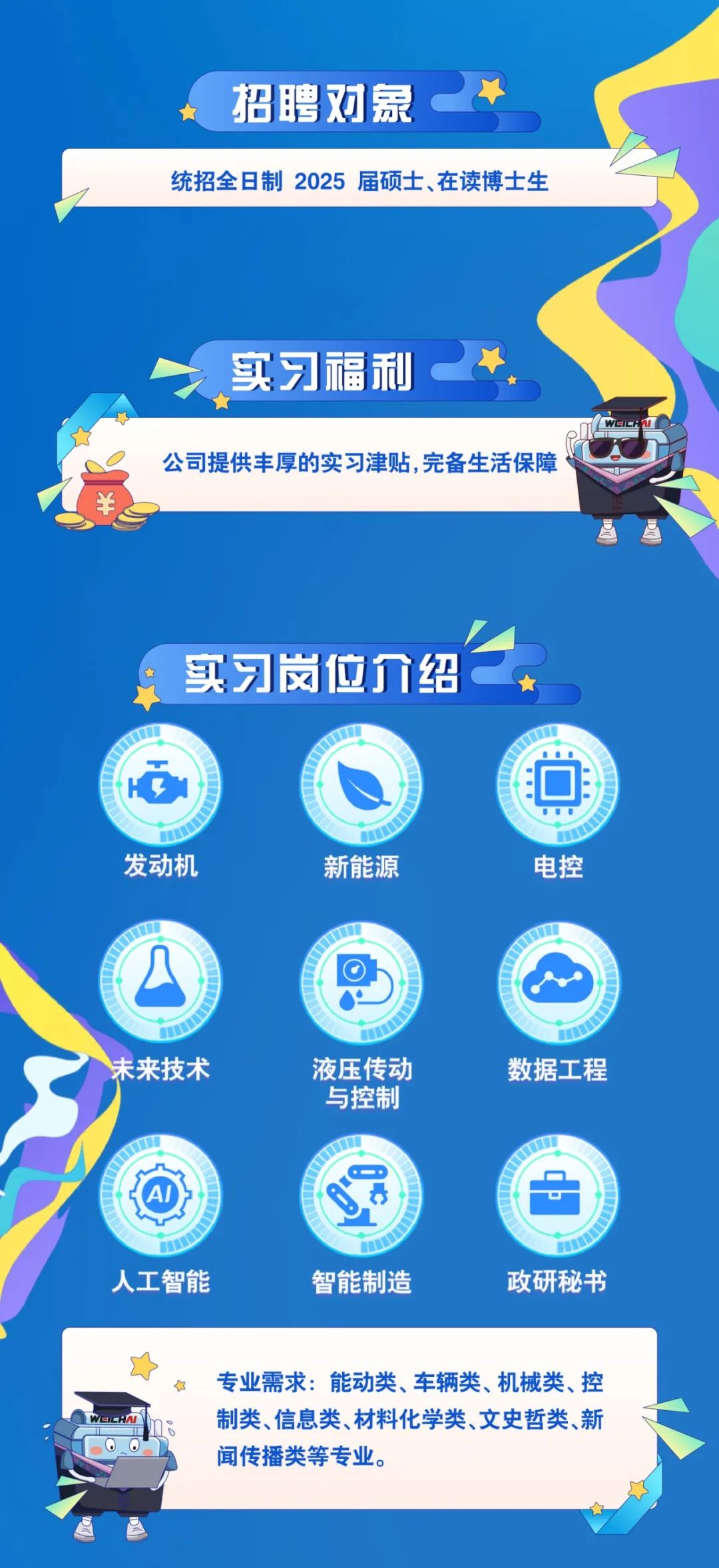 <p>招聘对象</p>
<p>统招全日制2025届硕士、在读博士生</p>
<p>实习福利</p>
<p>￥</p>
<p>公司提供丰厚的实习津贴,完备生活保障</p>
<p>实习岗位介绍</p>
<p>H<br/>发动机</p>
<p>新能源</p>
<p>电控</p>
<p>未来技术</p>
<p>液压传动</p>
<p>与控制</p>
<p>数据工程</p>
<p>人工智能</p>
<p>智能制造</p>
<p> </p>
<p>政研秘书</p>
<p>专业需求:能动类、车辆类、机械类、控<br/>制类、信息类、材料化学类、文史哲类、新<br/>闻传播类等专业。</p>
