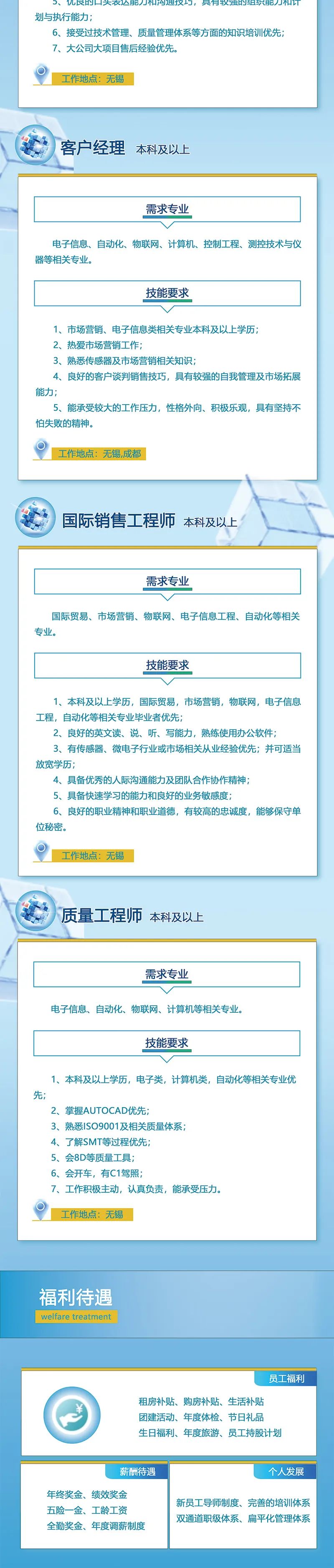 <p>薪酬待遇个人发展</p>
<p>年终奖金、绩效奖金</p>
<p>新员工导师制度、完善的培训体系</p>
<p>五险一金、工龄工资</p>
<p>双通道职级体系、扁平化管理体系</p>
<p>全勤奖金、年度调薪制度</p>

<table>
<tr><td></td>
<td colspan="2">D、儿及H大衣达肥几科沟迪技与,是月牧独组织能J划与执行能力;6、接受过技术管理、质量管理体系等方面的知识培训优先;7、大公司大项目售后经验优先。工作地点:无锡</td>
</tr>
<tr><td colspan="3">话 )客户经理本科及以上</td>
</tr>
<tr><td></td>
<td colspan="2">需求专业</td>
</tr>
<tr><td colspan="3">电子信息、自动化、物联网、计算机、控制工程、测控技术与仪器等相关专业。</td>
</tr>
<tr><td></td>
<td colspan="2">技能要求</td>
</tr>
<tr><td colspan="3">1、市场营销、电子信息类相关专业本科及以上学历;2、热爱市场营销工作;3、熟悉传感器及市场营销相关知识;4、 良好的客户谈判销售技巧,具有较强的自我管理及市场拓展能力;5、能承受较大的工作压力,性格外向、积极乐观,具有坚持不怕失败的精神。工作地点:无锡,成都汉1 )国际销售工程师本科及以上 ,1</td>
</tr>
<tr><td></td>
<td colspan="2">需求专业</td>
</tr>
<tr><td colspan="3">国际贸易、市场营销、物联网、电子信息工程、自动化等相关专业。</td>
</tr>
<tr><td></td>
<td colspan="2">技能要求</td>
</tr>
<tr><td colspan="3">1、本科及以上学历,国际贸易,市场营销,物联网,电子信息工程,自动化等相关专业毕业者优先;2、良好的英文读、说、听、写能力,熟练使用办公软件;3、有传感器、微电子行业或市场相关从业经验优先;并可适当放宽学历;4、具备优秀的人际沟通能力及团队合作协作精神;5、具备快速学习的能力和良好的业务敏感度;6、 良好的职业精神和职业道德,有较高的忠诚度,能够保守单位秘密。工作地点:无锡外质量工程师本科及以上需求专业电子信息、自动化、物联网、计算机等相关专业。技能要求1、本科及以上学历,电子类,计算机类,自动化等相关专业优先;2、掌握AUTOCAD优先;3、熟悉ISO9001及相关质量体系;4、了解SMT等过程优先;5、会8D等质量工具;6、会开车,有C1驾照;7、工作积极主动,认真负责,能承受压力。。工作地点:无锡</td>
</tr>
<tr><td colspan="3">福利待遇welfare treatment</td>
</tr>
<tr><td colspan="3">员工福利</td>
</tr>
<tr><td></td>
<td></td>
<td>租房补贴、购房补贴、生活补贴团建活动、年度体检、节日礼品生日福利、年度旅游、员工持股计划</td>
</tr>
</table>
