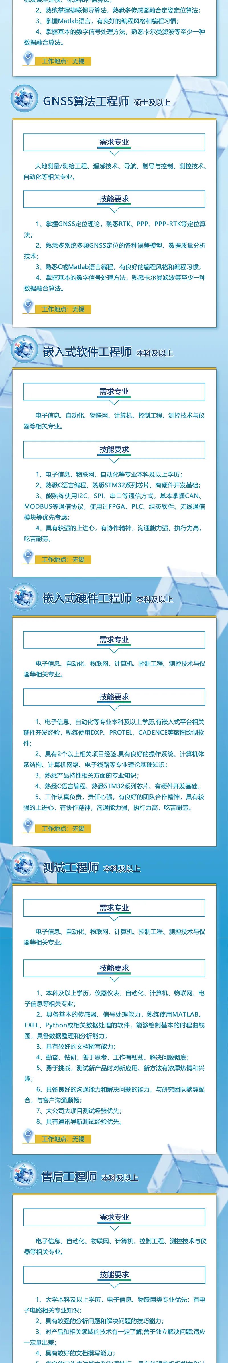 <p>0X大江天、UACTHTIIA于千IA1</p>
<p>2、熟练掌握捷联惯导算法,熟悉多传感器融合定姿定位算法;</p>
<p>3、掌握Matlab语言,有良好的编程风格和编程习惯;</p>
<p>4、掌握基本的数字信号处理方法,熟悉卡尔曼滤波等至少- -种</p>
<p>数据融合算法。</p>
<p>工作地点:无锡</p>
<p>) GNSS算法工程师硕士及以上</p>
<p>需求专业</p>
<p>大地测量/测绘工程、遥感技术、导航、制导与控制、测控技术、</p>
<p>自动化等相关专业。</p>
<p>技能要求</p>
<p>1、掌握GNSS定位理论,熟悉RTK、PPP、PPP-RTK等定位算</p>
<p>法;</p>
<p>2、熟悉多系统多频GNSS定位的各种误差模型、数据质量分析</p>
<p>技术;</p>
<p>3、熟悉C或Matlab语言编程,有良好的编程风格和编程习惯;</p>
<p>4、掌握基本的数字信号处理方法,熟悉卡尔曼滤波等至少- -种</p>
<p>数据融合算法。</p>
<p>工作地点:无锡</p>
<p>) 嵌入式软件工程师本科及以上</p>
<p>需求专业</p>
<p>电子信息、自动化、物联网、计算机、控制工程、测控技术与仪</p>
<p>器等相关专业。</p>
<p>技能要求</p>
<p>1、电子信息、物联网、自动化等专业本科及以上学历;</p>
<p>2、熟悉C语言编程、熟悉STM32系列芯片、有硬件开发基础;</p>
<p>3、 能熟练使用I2C、SPI、 串☐等通信方式,基本掌握CAN、</p>
<p>MODBUS等通信协议,使用过FPGA、PLC、 组态软件、无线通信</p>
<p>模块等优先考虑;</p>
<p>4、具有较强的上进心,有协作精神,沟通能力强,执行力高,</p>
<p>吃苦耐劳。</p>
<p>工作地点:无锡</p>
<p>嵌入式硬件工程师本科及以上</p>
<p>需求专业</p>
<p>电子信息、自动化、物联网、计算机、控制工程、测控技术与仪</p>
<p>器等相关专业。</p>
<p>技能要求</p>
<p>1、电子信息、自动化等专业本科及以上学历,有嵌入式平台相关</p>
<p>硬件开发经验,熟练使用DXP、PROTEL、 CADENCE等版图绘制软</p>
<p>件;</p>
<p>2、具有2个以上相关项目经验,具有良好的操作系统、计算机体</p>
<p>系结构、计算机网络、电子线路等专业理论基础知识;</p>
<p>3、熟悉产品特性相关方面的专业知识;</p>
<p>4、熟悉C语言编程、熟悉STM32系列芯片、有硬件开发基础;</p>
<p>5、工作认真负责,责任心强,有良好的团队合作精神,具有较</p>
<p>强的上进心,有协作精神,沟通能力强,执行力高,吃苦耐劳。</p>
<p>工作地点:无锡</p>
<p>测试工程师本科及以上</p>
<p>需求专业</p>
<p>电子信息、自动化、物联网、计算机、控制工程、测控技术与仪</p>
<p>器等相关专业。</p>
<p>技能要求</p>
<p>1、本科及以上学历,仪器仪表、自动化、计算机、物联网、电</p>
<p>子信息等相关专业;</p>
<p>2、具备基本的传感器、信号处理能力,熟练使用MATLAB、</p>
<p>EXEL、 Python或相关数据处理的软件,能够绘制基本的时程曲线</p>
<p>图,具备数据整理和分析能力;</p>
<p>3、具有较好的文档撰写能力;</p>
<p>4、勤奋、钻研、善于思考、工作有韧劲、解决问题彻底;</p>
<p>5、勇于挑战,测试新产品时对新应用、新方法有浓厚热情和兴</p>
<p>趣;</p>
<p>6、具备良好的沟通能力和解决问题的能力,与研究团队默契配</p>
<p>合,与客户沟通顺畅;</p>
<p>7、大公司大项目测试经验优先;</p>
<p>8、具有通讯导航测试经验优先。</p>
<p>工作地点:无锡</p>
<p>售后工程师本科及以上</p>
<p>需求专业</p>
<p>电子信息、自动化、物联网、计算机、控制工程、测控技术与仪</p>
<p>器等相关专业。</p>
<p>技能要求</p>
<p>1、大学本科及以上学历,电子信息、物联网类专业优先有电</p>
<p>子电路相关专业知识;</p>
<p>2、具有较强的分析问题和解决问题的技巧能力;</p>
<p>3、对产品和相关领域的技术有一-定了解;善于独立解决问题;适应</p>
<p>一定量出差;</p>
<p>4、具有较好的文档撰写能力;</p>
