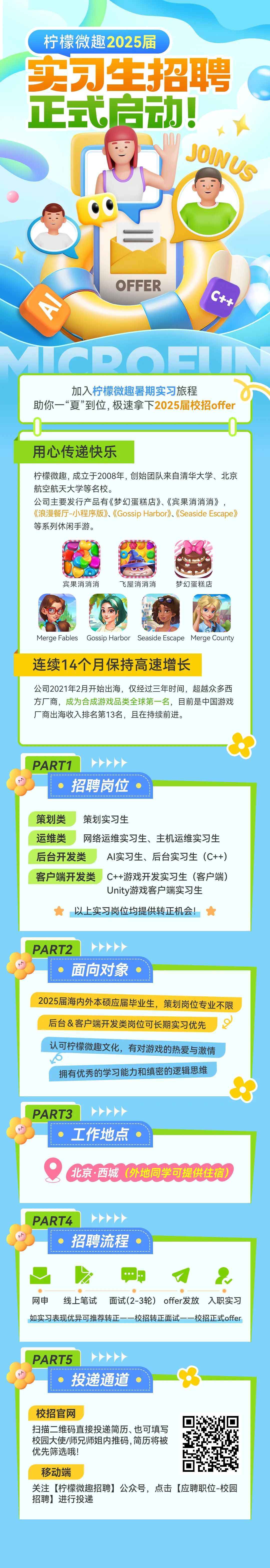 <p>柠檬微趣2025届</p><p>实习生招聘<br/>正式启动!</p><p>JOINUS</p><p>AI</p><p>OFFER</p><p>C++</p><p>CDO</p><p>加入柠檬微趣暑期实习旅程</p><p>助你一&ldquo;夏&rdquo;到位,极速拿下2025届校招offer</p><p>用心传递快乐</p><p>柠檬微趣，成立于2008年，创始团队来自清华大学、北京<br/>航空航天大学等名校。</p><p>公司主要发行产品有《梦幻蛋糕店》、《宾果消消消》，<br/>《浪漫餐厅-小程序版》《GossipHarbor》、《SeasideEscape》<br/>等系列休闲手游。</p><p>宾果消消消</p><p>飞屋消消消</p><p>梦幻蛋糕店</p><p>Merge Fables</p><p>Gossip Harbor Seaside Escape Merge County</p><p>连续14个月保持高速增长</p><p>公司2021年2月开始出海，仅经过三年时间，超越众多西<br/>方厂商，成为合成游戏品类全球第一名，目前是中国游戏<br/>厂商出海收入排名第13名，且在持续前进。</p><p>PART1</p><p>招聘岗位</p><p>策划类<br/>策划实习生</p><p>运维类网络运维实习生、主机运维实习生<br/>后台开发类<br/>AI实习生、后台实习生(C++)<br/>客户端开发类C++游戏开发实习生(客户端)</p><p>Unity游戏客户端实习生</p><p>以上实习岗位均提供转正机会!</p><p>PART2</p><p>面向对象</p><p>2025届海内外本硕应届毕业生，策划岗位专业不限<br/>后台&客户端开发类岗位可长期实习优先</p><p>&pound;0></p><p>认可柠檬微趣文化，有对游戏的热爱与激情<br/>6</p><p>拥有优秀的学习能力和缜密的逻辑思维</p><p>PART3</p><p>工作地点</p><p>北京&middot;西城(外地同学可提供住宿)</p><p>PART4</p><p>招聘流程</p><p>网申<br/>线上笔试<br/>面试(2-3轮)offer发放入职实习</p><p>--</p><p>如实习表现优异可推荐转正一一校招转正面试一一校招正式offer</p><p>PART5</p><p>投递通道</p><p>校招官网</p><p>扫描二维码直接投递简历、也可填写</p><p>校园大使/师兄师姐内推码,简历将被</p><p>优先筛选哦!</p><p>移动端</p><p>关注[柠檬微趣招聘]公众号，点击[应聘职位-校园<br/>招聘]进行投递</p>