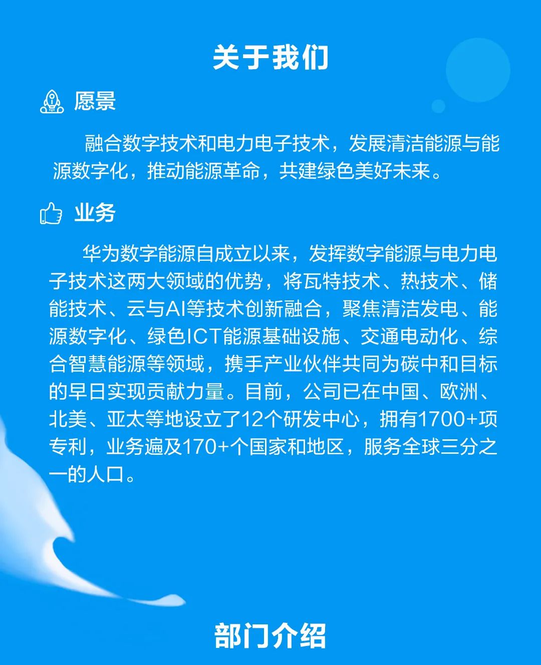 <p>愿景</p>
<p>关于我们</p>
<p>融合数字技术和电力电子技术，发展清洁能源与能<br/>源数字化，推动能源革命，共建绿色美好未来。</p>
<p>业务</p>
<p>华为数字能源自成立以来，发挥数字能源与电力电<br/>子技术这两大领域的优势，将瓦特技术、<br/>热技术、储<br/>能技术、云与AI等技术创新融合，聚焦清洁发电、能<br/>源数字化、绿色ICT能源基础设施、交通电动化、综<br/>合智慧能源等领域，携手产业伙伴共同为碳中和目标<br/>的早日实现贡献力量。目前，公司已在中国、欧洲、<br/>北美、亚太等地设立了12个研发中心，拥有1700+项<br/>专利，业务遍及170+个国家和地区，服务全球三分之<br/>的人口。</p>
<p>部门介绍</p>
