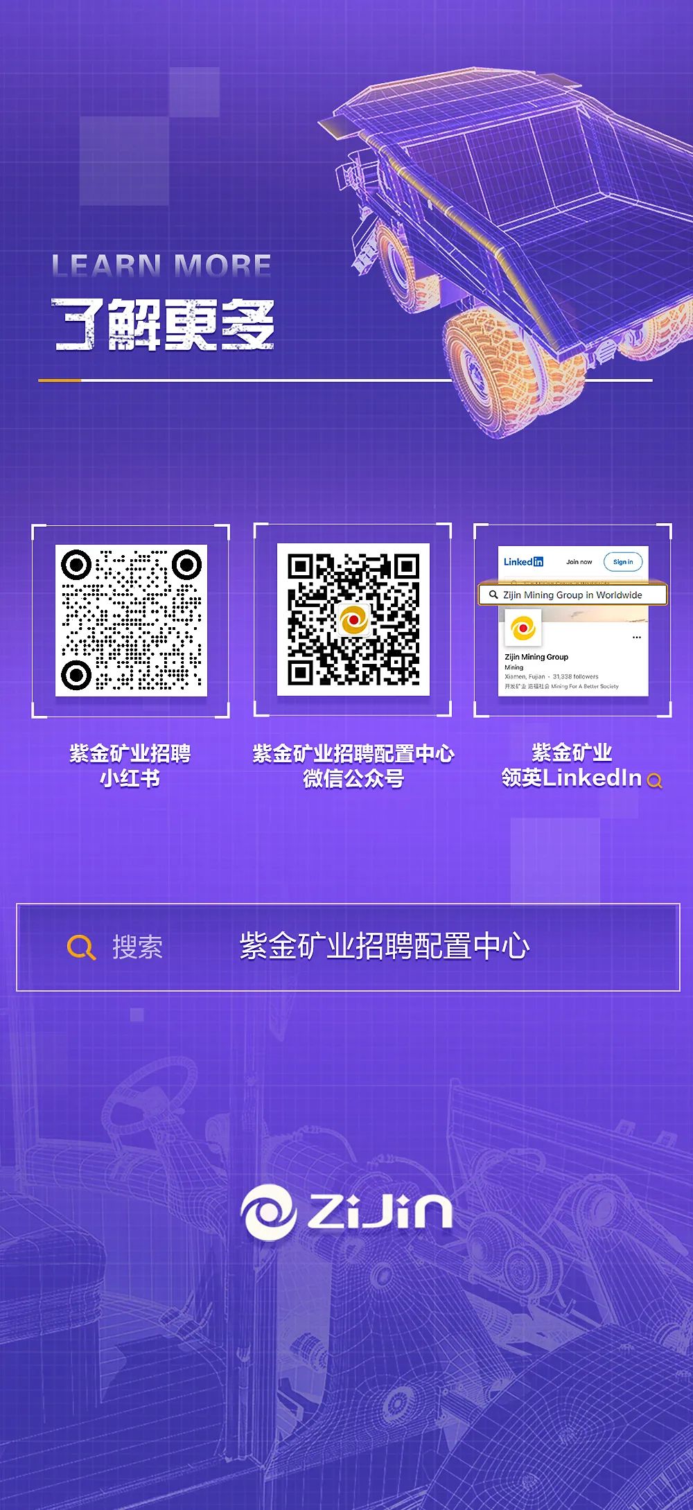<p>LEARNMORE<br/>了解更多</p>
<p>Linkedir</p>
<p>Join now</p>
<p>9 Zijin Mining Group in Worldwide</p>
<p>Zijin Mining Group<br/>Mning<br/>n.Fuian<br/>.31338tollowe<br/>开  话福社分 getO es r</p>
<p>紫金矿业招聘</p>
<p>小红书</p>
<p>紫金矿业招聘配置中心<br/>微信公众号</p>
<p>紫金矿业</p>
<p>领英LinkedIna</p>
<p>搜索</p>
<p>紫金矿业招聘配置中心</p>
<p>ZJin</p>
