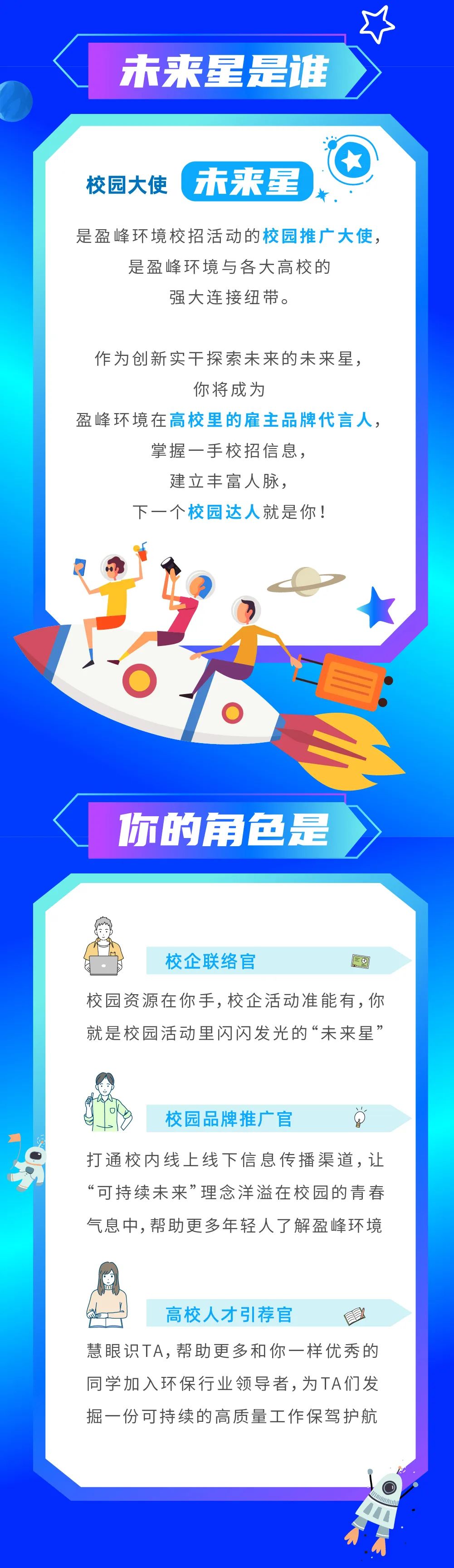 <p>未来星是谁</p>
<p>校园大使</p>
<p>未来星</p>
<p>是盈峰环境校招活动的校园推广大使，</p>
<p>是盈峰环境与各大高校的<br/>强大连接纽带。</p>
<p>作为创新实干探索未来的未来星，</p>
<p>你将成为</p>
<p>盈峰环境在高校里的雇主品牌代言人，</p>
<p>掌握一手校招信息，</p>
<p>建立丰富人脉，</p>
<p>下一个校园达人就是你!</p>
<p>>-o</p>
<p> </p>
<p>你的角色是</p>
<p>校企联络官</p>
<p>校园资源在你手,校企活动准能有,你<br/>就是校园活动里闪闪发光的“未来星”</p>
<p>校园品牌推广官</p>
<p>打通校内线上线下信息传播渠道，让<br/>“可持续未来”理念洋溢在校园的青春<br/>气息中,帮助更多年轻人了解盈峰环境</p>
<p>高校人才引荐官</p>
<p>慧眼识TA,帮助更多和你一样优秀的<br/>同学加入环保行业领导者,为TA们发<br/>掘一份可持续的高质量工作保驾护航</p>
