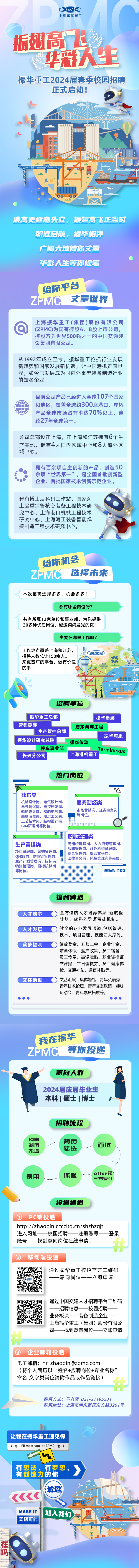 <p>2PMC</p>
<p>上海振华重工C</p>
<p>振翅高</p>
<p>电华彩人生</p>
<p>振华重工2024届春季校园招聘</p>
<p>正式启动</p>
<p>金</p>
<p>茶</p>
<p>K.。◆◆◆◆◆0</p>
<p>目</p>
<p>T</p>
<p>00000VNIN r=一</p>
<p>浪高更逐潮头立,振翅高飞正当时</p>
<p>职涯启航,振华相伴</p>
<p>广阔大地待你丈量</p>
<p>华彩人生等你提笔</p>
<p>给你平台</p>
<p>ZPMC量世界</p>
<p>让我在振华重工遇见你</p>
<p>南I\'ll meet you at ZPMC 北</p>
<p>有想法、有创造力的你有梦想、》</p>
<p>诚邀A一</p>
<p><<<《</p>
<p>MAKEIT加入我们。因</p>
<p>无限可能</p>
<p>-</p>

<table>
<tr><td>上海振华重工(集团)股份有限公司@ (ZPMC)为国有控股A、B股上市公司,控股方为世界500强之一的中国交通建设集团有限公司。从1992年成立至今,振华重工抢抓行业发展新趋势和国家发展新机遇,让中国港机走向世界,如今已发展成为国内外重型装备制造行业的知名企业。目前公司产品已经进入全球107个国家和地区,覆盖全球约300座港☐,岸桥产品全球市场占有率达70%以上,连续27年全球第一。公司总部设在上海,在上海和江苏拥有6个生产基地,拥有4大国内区域中心和8大海外区域中心。拥有百余项自主创新的产品,创造50C)C 余项“世界第一”,是全国首批创新型企业、首批国家技术创新示范企业。1建有博士后科研工作站,国家海上起重铺管核心装备工程技术研究中心、上海港☐机械工程技术研究中心、 上海海工装备智能焊接制造工程技术研究中心。给你机会ZPMC_ 选择未来本次招聘选择多多,机会多多!都有哪些岗位呀?共有所属12家单位和事业部,为你提供30多种优质岗位,诚邀闪闪发光的你!主要在哪里工作呀?工作地点覆盖.上海和江苏, .上乏o ➢招聘人数总计150余人。来更宽广的平台,做有价值 众 I的事!V E招聘单位振华重工总部 振华重装营销总部 启东海洋工程生产管控总部振华海服振华设计研究总院 振华传动停车事业部 Terminexus长兴分公司 上海港机重工热i]岗位区技术类 冈机械设计岗、电气设计岗、  商务财经类电气调试岗、电控研发岗、船舶设计岗、船舶电气岗、  市场营销岗、证券事务岗船舶海监岗、船运工艺岗、 1等岗位。◆工艺技术岗、结构设计岗、BIM研发岗等岗位。区  职能管理类 生产管理类 党组织建设岗、人力资源管理岗、战略管理岗、驻外机构管理岗、 项目管理岗、采购管理岗、 综合管理岗、 综合文秘岗、QHSE岗、 供应链管理岗、 法律事务岗、风控管理岗等岗位。生产计划管理岗、招标岗、 物资管理岗、投标核算岗 等岗位。  你有offer待领取!!!福利待遇人才培养 0全方位的人才培养体系-新航程计划,成熟的导师带徒机制。人才发展 )健全的职业发展通道,包括管理、技术、项目管理、技能四大序列。薪酬福利( )绩效奖金、五险金、企业年金、带薪休假、落户政策、员工宿舍、员工食堂、高温津贴、职业资格证书津贴、生日蛋糕券、员工健康体检、交通补贴、通信补贴等。文体活动 ( )文艺汇演、集体婚礼、青年英语秀、青年技术论坛、青年交友联谊、趣味运动会、青年素质拓展等。       </td>
</tr>
<tr><td>(我在振华ZPMC等你投递</td>
</tr>
<tr><td>飞 面向人群 I2024届应届毕业生本科|硕士|博士 ,招聘流程网申 简历简历 面试筛选投递录用 体检 . offer及三方签J  投递通道①PC端投递http://zhaopin.ccccltd.cn/shzhzgjt进入网址一 -校园招聘一 注册账号一 登录账号 找到意向岗位在线申请。 林② 移动端投递回 到 @ 通过振华重工校招官方二维码。 一一意向岗位一立即 申请回回 兴 通过中国交建人才招聘平台二维码招聘信息一校园招聘没 业务板块 装备制造企业一回 . 上海振华重工(集团)股份有限公司一 找到意向岗位一 立即申请③ 企业邮箱投递电子邮箱hr_ _zhaopin@zpmc.com(将个人简历以“姓名+应聘岗位+专业名称"命名;文字类岗位请附作品或作品链接) 林联系方式:马老师021-31195531联系地址:上海市浦东新区东方路3267号</td>
</tr>
</table>

