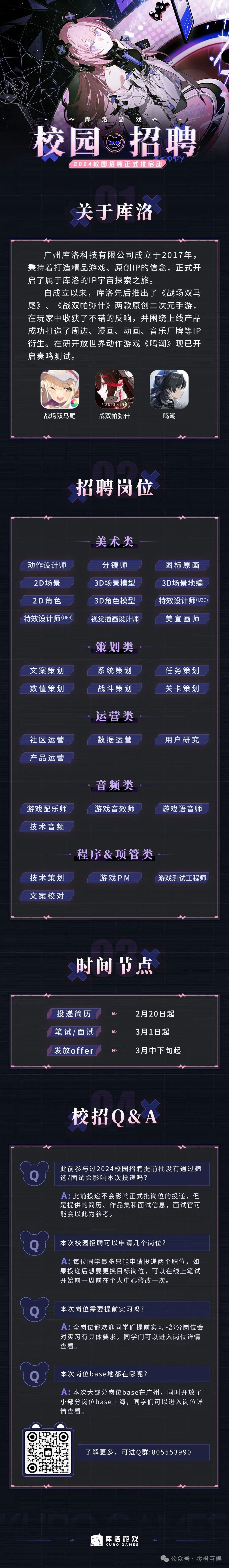 <p>库</p>
<p>戏</p>
<p>校园<br/>招聘</p>
<p>Dy<br/>2024校园招聘正式批启动</p>
<p>关于库洛</p>
<p>广州库洛科技有限公司成立于2017年，<br/>秉持着打造精品游戏、原创IP的信念，正式开<br/>启了属于库洛的IP宇宙探索之旅。</p>
<p>自成立以来，库洛先后推出了《战场双马<br/>尾》、《战双帕弥什》两款原创二次元手游，<br/>在玩家中收获了不错的反响，并围绕上线产品<br/>成功打造了周边、漫画、动画、音乐厂牌等IP<br/>衍生。在研开放世界动作游戏《鸣潮》现已开<br/>启奏鸣测试。</p>
<p>战场双马尾</p>
<p>PUNISH</p>
<p>战双帕弥什</p>
<p>鸣潮</p>
<p>招聘岗位</p>
<p>美术类</p>
<p>动作设计师<br/>2D场景<br/>2D角色<br/>特效设计师(UE4)</p>
<p>分镜师<br/>3D场景模型<br/>3D角色模型<br/>视觉插画设计师</p>
<p>图标原画<br/>3D场景地编<br/>特效设计师(U3D<br/>美宣画师</p>
<p>文案策划<br/>数值策划</p>
<p>策划类<br/>系统策划<br/>战斗策划</p>
<p>任务策划<br/>关卡策划</p>
<p>运营类</p>
<p>社区运营<br/>产品运营</p>
<p>数据运营</p>
<p>用户研究</p>
<p>游戏配乐师<br/>技术音频</p>
<p>音频类<br/>游戏音效师</p>
<p>游戏语音师</p>
<p>技术策划<br/>文案校对</p>
<p>程序&项管类</p>
<p>游戏PM</p>
<p>游戏测试工程师</p>
<p>时间节点</p>
<p>投递简历<br/>笔试/面试<br/>发放offer</p>
<p>2月20日起<br/>3月1日起<br/>3月中下旬起</p>
<p>校招Q&A</p>
<p>此前参与过2024校园招聘提前批没有通过筛<br/>选/面试会影响本次投递吗?</p>
<p>A:此前投递不会影响正式批岗位的投递，但<br/>是提供的简历、作品集和面试信息，面试官可<br/>能会以此为参考。</p>
<p>本次校园招聘可以申请几个岗位?</p>
<p>A:每位同学最多只能申请投递两个职位，如<br/>果投递后想要更换目标岗位，可以在线上笔试<br/>开始前一周前在个人中心修改一次。</p>
<p>本次岗位需要提前实习吗?</p>
<p>A:全岗位都欢迎同学们提前实习~部分岗位会<br/>对实习有具体要求，同学们可以进入岗位详情<br/>查看。</p>
<p>本次岗位base地都在哪呢?</p>
<p>A:本次大部分岗位base在广州，同时开放了<br/>小部分岗位base上海，同学们可以进入岗位详<br/>情查看。</p>
<p>了解更多，可进Q群:805553990</p>
<p>库洛游戏<br/>KURO GAMES</p>
<p>公众号.零橙互娱</p>
