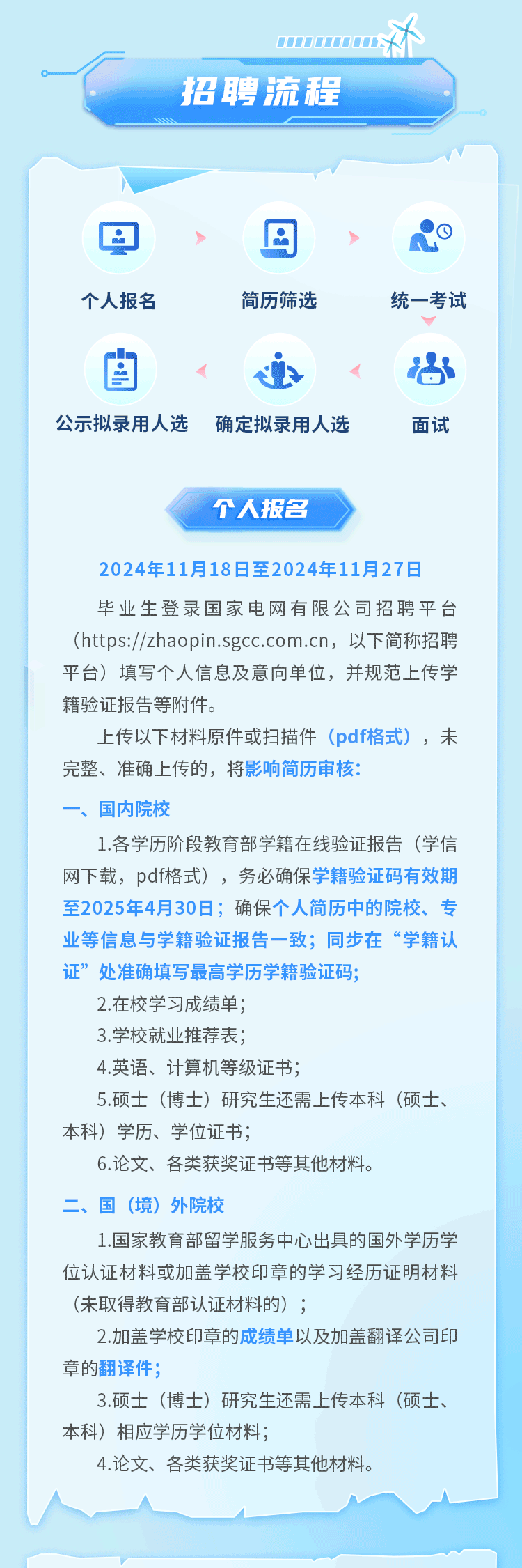<p>oooddod</p>
<p>招聘流程</p>
<p> </p>
<p>回回</p>
<p>个人报名简历筛选统一考试</p>
<p>自心尚</p>
<p>公示拟录用人选确定拟录用人选面试</p>
<p>个人报名</p>
<p>2024年11月18日至2024年11月27日</p>
<p>毕业生登录国家电网有限公司招聘平台</p>
<p>(https://zhaopin.sgcc.com.cn, 以下简称招聘</p>
<p>平台)填写个人信息及意向单位,并规范上传学</p>
<p>籍验证报告等附件。</p>
<p>上传以下材料原件或扫描件(pdf格式),未</p>
<p>完整、准确上传的,将影响简历审核:</p>
<p>一、国内院校</p>
<p>1.各学历阶段教育部学籍在线验证报告(学信</p>
<p>网下载,pdf格式) ,务必确保学籍验证码有效期</p>
<p>至2025年4月30日;确保个人简历中的院校、专</p>
<p>业等信息与学籍验证报告一致;同步在&ldquo;学籍认</p>
<p>证&rdquo;处准确填写最高学历学籍验证码;</p>
<p>2.在校学习成绩单;</p>
<p>3.学校就业推荐表;</p>
<p>4.英语、计算机等级证书;</p>
<p>5.硕士(博士)研究生还需上传本科(硕士、</p>
<p>本科)学历、学位证书;</p>
<p>6.论文、各类获奖证书等其他材料。</p>
<p>二、国(境)外院校</p>
<p>1.国家教育部留学服务中心出具的国外学历学</p>
<p>位认证材料或加盖学校印章的学习经历证明材料</p>
<p>(未取得教育部认证材料的) ;</p>
<p>2.加盖学校印章的成绩单以及加盖翻译公司印</p>
<p>章的翻译件;</p>
<p>3.硕士(博士)研究生还需上传本科(硕士、</p>
<p>本科)相应学历学位材料;</p>
<p>4.论文、各类获奖证书等其他材料。</p>
