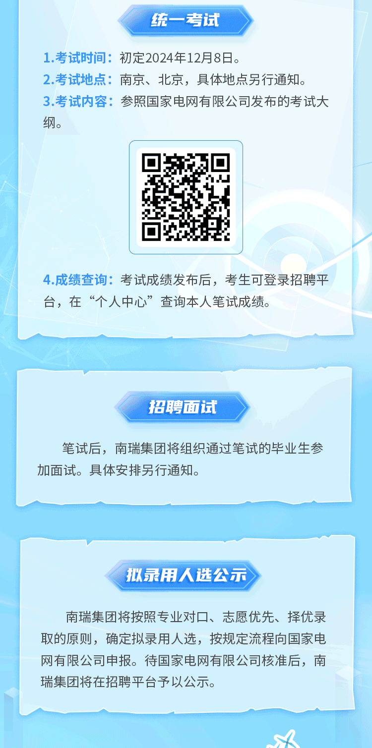 <p>统一考试</p>
<p>1.考试时间:初定2024年12月8日。</p>
<p>2.考试地点:南京、北京,具体地点另行通知。</p>
<p>3.考试内容:参照国家电网有限公司发布的考试大</p>
<p>纲。</p>

<table>
<tr><td></td>
<td>☐ ☐p. J% y合强2</td>
<td></td>
</tr>
<tr><td colspan="3">4.成绩查询:考试成绩发布后,考生可登录招聘平台,在&ldquo;个人中心&rdquo;查询本人笔试成绩。</td>
</tr>
<tr><td colspan="3"></td>
</tr>
<tr><td colspan="3">招聘面试笔试后,南瑞集团将组织通过笔试的毕业生参加面试。具体安排另行通知。</td>
</tr>
<tr><td colspan="3"></td>
</tr>
<tr><td colspan="3">拟录用人选公示南瑞集团将按照专业对☐、志愿优先、择优录取的原则,确定拟录用人选,按规定流程向国家电网有限公司申报。待国家电网有限公司核准后,南瑞集团将在招聘平台予以公示。</td>
</tr>
<tr><td colspan="3">t</td>
</tr>
</table>
