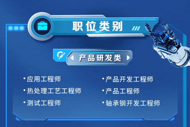 <p>职位类别1</p>
<p>少产品研发类D</p>
<p> 应用工程师 产品开发工程师</p>
<p> 热处理工艺工程师 产品工程师</p>
<p> 测试工程师 轴承钢开发工程师</p>
