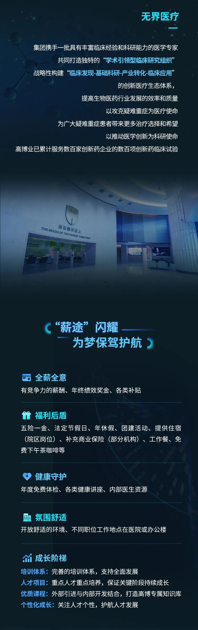 <p>无界医疗</p>
<p>集团携手一批具有丰富临床经验和科研能力的医学专家</p>
<p>共同打造独特的“学术引领型临床研究组织”</p>
<p>战略性构建“临床发现基础科研-产业转化-临床应用”</p>
<p>的创新医疗生态体系,</p>
<p>提高生物医药行业发展的效率和质量</p>
<p>以攻克疑难重症为医疗使命</p>
<p>为广大疑难重症患者带来更多治疗选择和希望</p>
<p>以推动医学创新为科研使命</p>
<p>高博业已累计服务数百家创新药企业的数百项创新药临床试验</p>
<p>CHS</p>
<p>TEME复THEPAI需家至上NTCOMERST</p>
<p>“薪途”闪耀_</p>
<p>为梦保驾护航)</p>
<p>全薪全意</p>
<p>有竞争力的薪酬、年终绩效奖金、各类补贴</p>
<p>什福利后盾</p>
<p>五险一金、法定节假日、年休假、团建活动、提供住宿</p>
<p>(院区岗位)、补充商业保险(部分机构)、工作餐、免</p>
<p>费下午茶咖啡等</p>
<p>健康守护</p>
<p>年度免费体检、各类健康讲座、内部医生资源</p>
<p>且氛围舒适</p>
<p>开放舒适的环境、不同职位工作地点在医院或办公楼</p>
<p>竹成长阶梯</p>
<p>培训体系:完善的培训体系,支持全面发展</p>
<p>人才项目:重点人才重点培养,保证关键阶段持续成长</p>
<p>优质课程:外部引进与内部开发结合,打造高博专属知识库</p>
<p>个性化成长:关注人才个性,护航人才发展</p>
