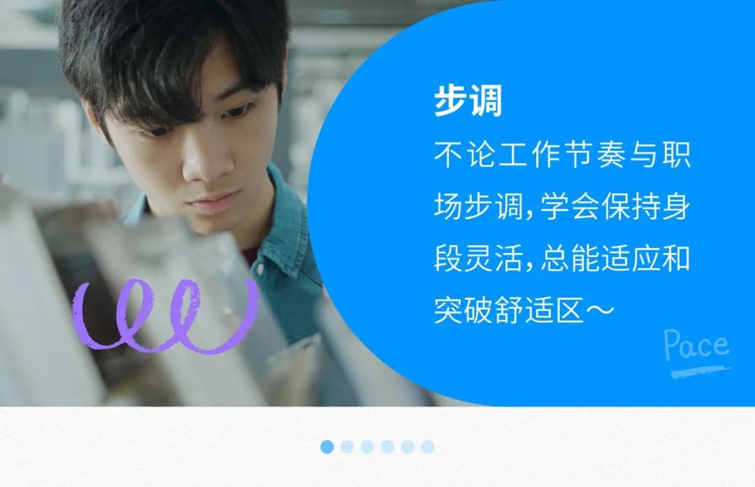 <p>步调</p>
<p>不论工作节奏与职<br/>场步调,学会保持身<br/>段灵活,总能适应和<br/>突破舒适区~</p>
<p>Pace</p>
