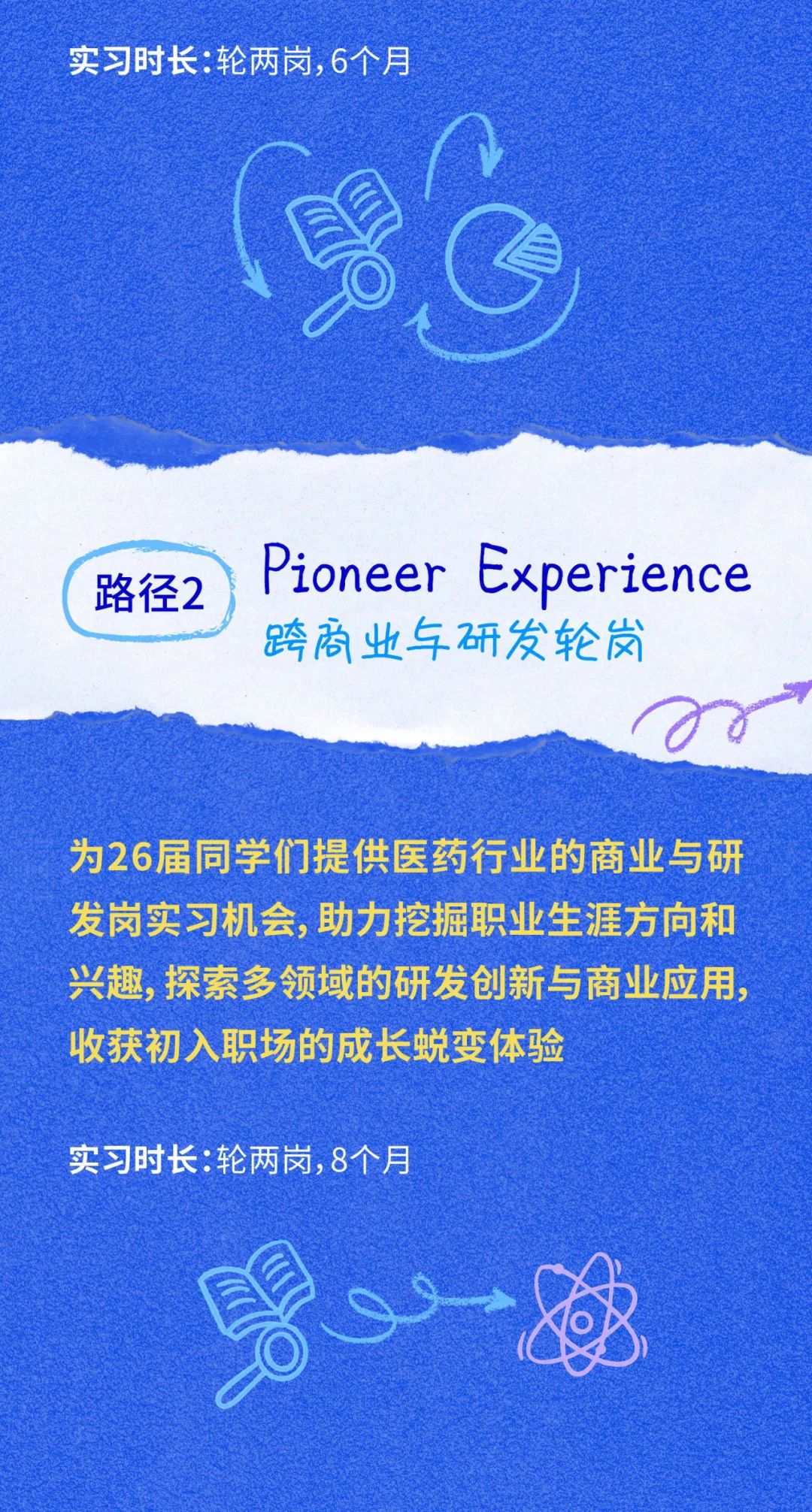 <p>实习时长:轮两岗,6个月</p>
<p>路径2</p>
<p>Pioneer Experience<br/>跨商业与研发轮岗</p>
<p>为26届同学们提供医药行业的商业与研<br/>发岗实习机会,助力挖掘职业生涯方向和<br/>兴趣，探索多领域的研发创新与商业应用，<br/>收获初入职场的成长蜕变体验</p>
<p>实习时长:轮两岗,8个月</p>
