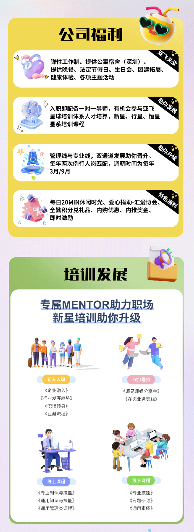 <p>公司福利</p>
<p>弹性工作制、提供公寓宿舍(深圳)</p>
<p>提供晚餐、法定节假日、生日会、团建拓展、<br/>健康体检、各项主题活动</p>
<p>助你发展</p>
<p>A<br/>入职即配备一对一导师，有机会参与亚飞<br/>星球培训体系人才培养，新星、行星、恒星<br/>星系培训课程</p>
<p>助你升级</p>
<p>管理线与专业线，双通道发展助你晋升。</p>
<p>每年两次例行人岗匹配，调薪时间为每年</p>
<p>3月/9月</p>
<p>特色福利</p>
<p>每日20MIN休闲时光、爱心捐助-汇爱协会、</p>
<p>全勤积分兑礼品、内购优惠、内推奖金、</p>
<p>即时激励</p>
<p>培训发展</p>
<p>专属MENTOR助力职场<br/>新星培训助你升级</p>
<p>新人入职<br/>《企业融入》<br/>《行业发展趋势》<br/>《职场转身》<br/>《业务流程》</p>
<p>1对1导师</p>
<p>《师兄师姐分享会》<br/>《在岗业务实践》</p>
<p>线上课程</p>
<p>《专业知识与技能》<br/>《通用知识与技能》<br/>《通用管理类课程》</p>
<p>线下课程</p>
<p>《专业技能》<br/>《专题研讨》<br/>《通用素质》</p>
