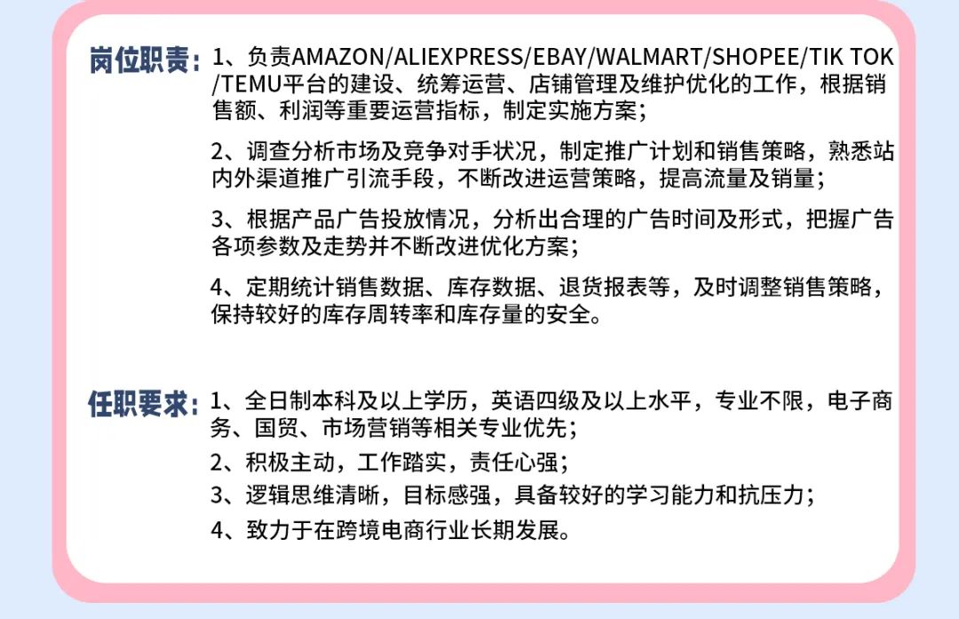 <p>岗位职责:1、负责AMAZON/ALIEXPRESS/EBAY/WALMART/SHOPEE/TIKTOK</p>
<p>/TEMU平台的建设、统筹运营、店铺管理及维护优化的工作，根据销<br/>售额、利润等重要运营指标，制定实施方案;</p>
<p>2、调查分析市场及竞争对手状况，制定推广计划和销售策略，熟悉站<br/>内外渠道推广引流手段，不断改进运营策略，提高流量及销量;</p>
<p>3、根据产品广告投放情况，分析出合理的广告时间及形式，把握广告<br/>各项参数及走势并不断改进优化方案;</p>
<p>4、定期统计销售数据、库存数据、退货报表等，及时调整销售策略，<br/>保持较好的库存周转率和库存量的安全。</p>
<p>任职要求:1、全日制本科及以上学历，英语四级及以上水平，专业不限，电子商</p>
<p>务、国贸、市场营销等相关专业优先;</p>
<p>2、积极主动，工作踏实，责任心强;</p>
<p>3、逻辑思维清晰，目标感强，具备较好的学习能力和抗压力;<br/>4、致力于在跨境电商行业长期发展。</p>
