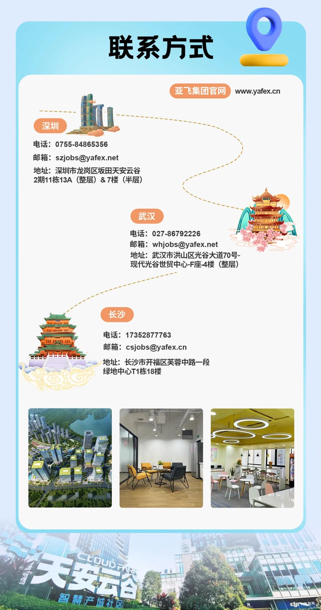 <p>联系方式</p>
<p>www.yafex.cn</p>
<p>深圳</p>
<p>电话: 0755-84865356</p>
<p>邮箱: szjobs@yafex.net</p>
<p>地址:深圳市龙岗区坂田天安云谷</p>
<p>2期11栋13A (整层) &7楼(半层)</p>
<p>武汉</p>
<p>电话: 027 -86792226</p>
<p>邮箱: whjobs@yafex.net</p>
<p>地址:武汉市洪山区光谷大道70号-</p>
<p>现代光谷世贸中心F座4楼(整层)</p>
<p>长沙</p>
<p>电话: 17352877763</p>
<p>邮箱: csjobs@yafex.cn</p>
<p>地址:长沙市开福区芙蓉中路- -段</p>
<p>绿地中心T1栋18楼</p>
<p>SLOUB</p>
<p>智慧产城社文品</p>
