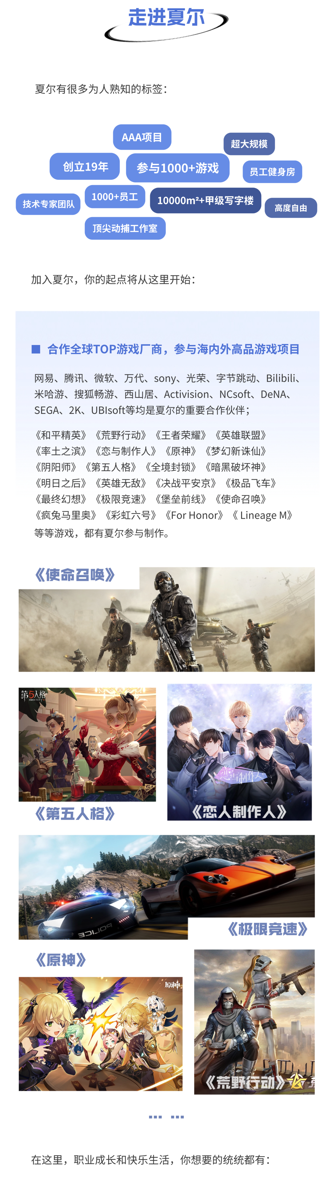 <p>走进夏尔</p>
<p>夏尔有很多为人熟知的标签:</p>
<p>创立19年</p>
<p>AAA项目</p>
<p>参与1000+游戏</p>
<p>超大规模</p>
<p>员工健身房</p>
<p>技术专家团队</p>
<p>1000+员工</p>
<p>10000m2+甲级写字楼</p>
<p>顶尖动捕工作室</p>
<p>高度自由</p>
<p>加入夏尔，你的起点将从这里开始:</p>
<p>合作全球TOP游戏厂商，参与海内外高品游戏项目</p>
<p>网易、腾讯、微软、万代、sony、光荣、字节跳动、Bilibili、<br/>米哈游、搜狐畅游、西山居、Activision、NCsoft、DeNA、<br/>SEGA、2K、UBIsoft等均是夏尔的重要合作伙伴;</p>
<p>《和平精英》《荒野行动》《王者荣耀》《英雄联盟》<br/>《率土之滨》《恋与制作人》《原神》《梦幻新诛仙》<br/>《阴阳师》《第五人格》《全境封锁》《暗黑破坏神》</p>
<p> </p>
<p>《明日之后》《英雄无敌》《决战平安京》《极品飞车》</p>
<p> </p>
<p>《最终幻想》<br/>《极限竞速》<br/>《堡垒前线》《使命召唤》</p>
<p>《疯兔马里奥》<br/>《彩虹六号》<br/>《For Honor》《Lineage M》<br/>等等游戏，都有夏尔参与制作。</p>
<p>《使命召唤》</p>
<p>第5人格</p>
<p>第五人格》</p>
<p>制</p>
<p>《恋人制作人》</p>
<p>3DW09</p>
<p>原神》</p>
<p>《极限竞速》</p>
<p>楠</p>
<p>荒野行动》公</p>
<p>在这里，职业成长和快乐生活，你想要的统统都有:</p>
