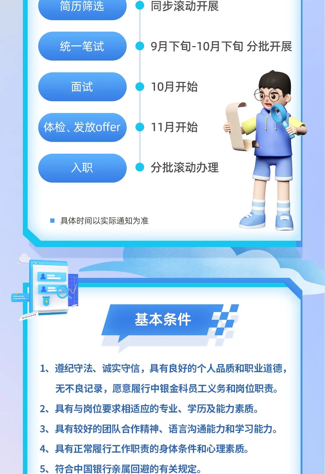 <p>简历筛选  同步滚动开展</p>
<p>统一笔试9月下旬-10月下旬分批开展</p>
<p>面试0 10月开始</p>
<p>基本条件</p>
<p>1、遵纪守法、诚实守信,具有良好的个人品质和职业道德,</p>
<p>无不良记录,愿意履行中银金科员工义务和岗位职责。</p>
<p>2、具有与岗位要求相适应的专业、学历及能力素质。</p>
<p>3、具有较好的团队合作精神、语言沟通能力和学习能力。</p>
<p>4、具有正常履行工作职责的身体条件和心理素质。</p>
<p>5、符合中国银行亲属回避的有关规定。</p>

<table>
<tr><td colspan="3">(体检、发放ffer  1 11月开始 后,入职 .) 分批滚动办理</td>
<td>n</td>
</tr>
<tr><td colspan="4"> 具体时间以实际通知为准</td>
</tr>
<tr><td></td>
<td colspan="3"></td>
</tr>
<tr><td></td>
<td></td>
<td colspan="2"></td>
</tr>
<tr><td>.</td>
<td colspan="3"></td>
</tr>
<tr><td>可</td>
<td colspan="3"></td>
</tr>
</table>
