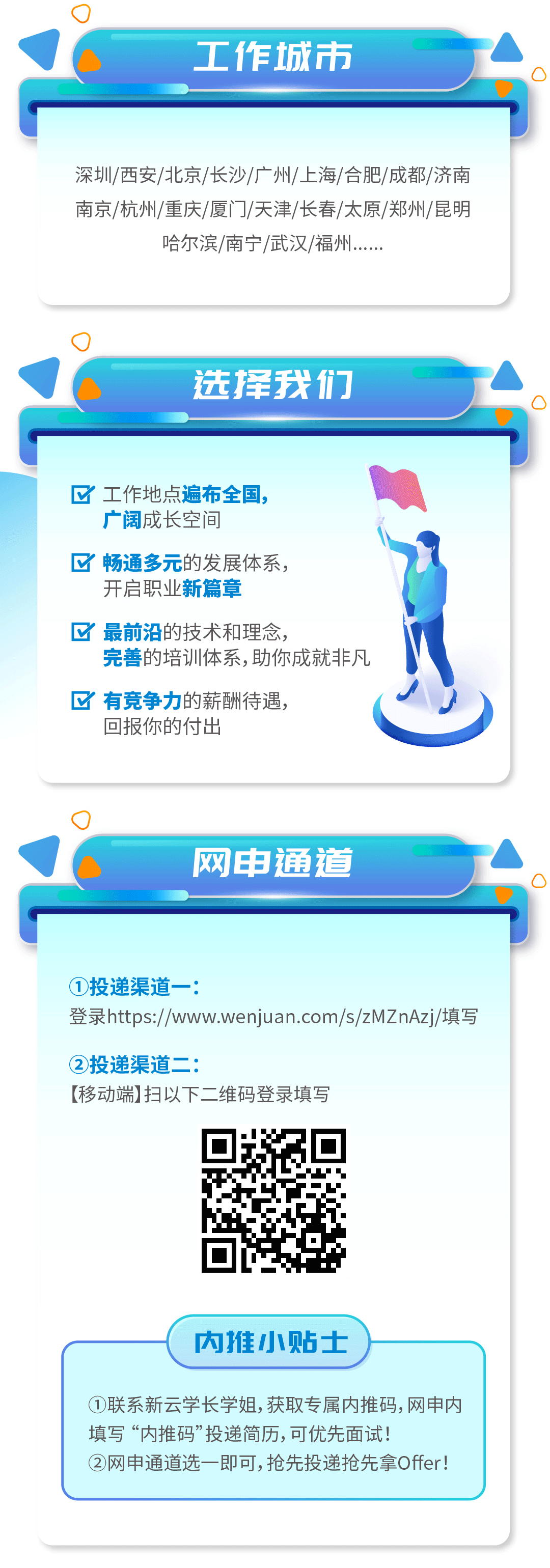 <p>工作城市</p>
<p>深圳/西安/北京/长沙/广州/上海/合肥/成都/济南<br/>南京/杭州/重庆/厦门/天津/长春/太原/郑州/昆明</p>
<p>哈尔滨/南宁/武汉/福州.....</p>
<p>选择我们</p>
<p>工作地点遍布全国，</p>
<p>广阔成长空间</p>
<p>畅通多元的发展体系，</p>
<p>开启职业新篇章</p>
<p>最前沿的技术和理念，</p>
<p>完善的培训体系,助你成就非凡<br/>有竞争力的薪酬待遇，</p>
<p>回报你的付出</p>
<p>网申通道</p>
<p>①投递渠道一:</p>
<p>登录https://www.wenjuan.com/s/zMZnAzj/填写</p>
<p>②投递渠道二:</p>
<p>[移动端)扫以下二维码登录填写</p>
<p>内推小贴士</p>
<p>①联系新云学长学姐，获取专属内推码，网申内<br/>填写“内推码”投递简历,可优先面试</p>
<p>②网申通道选一即可,抢先投递抢先拿Offer!</p>
