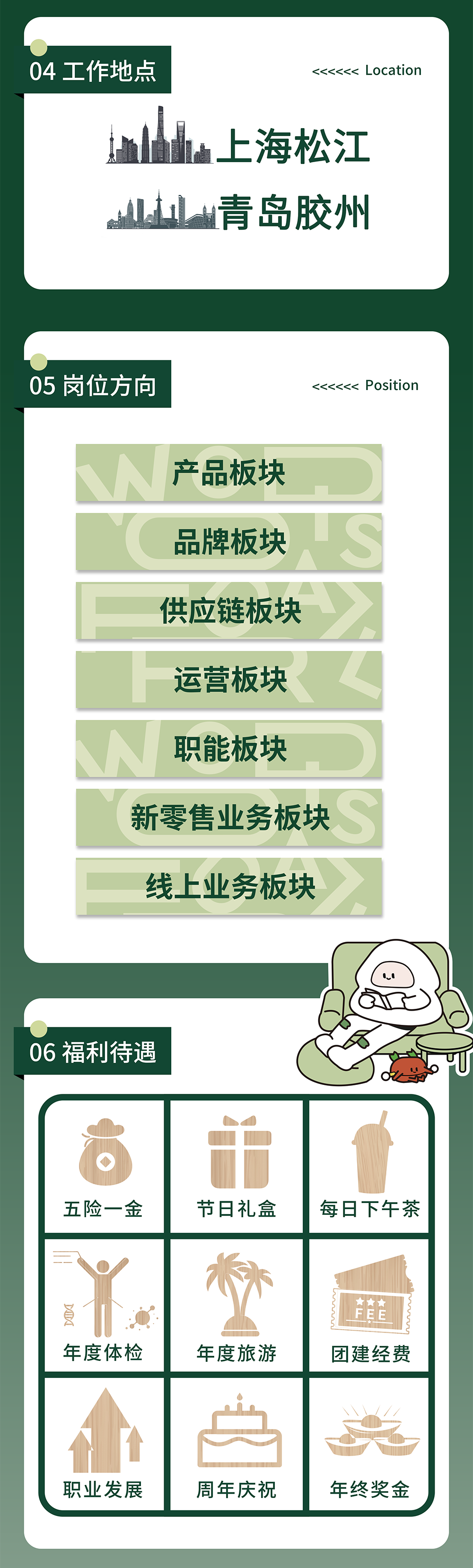 <p>04工作地点</p>
<p><<<<<< Location</p>
<p> <br/>上海松江<br/>青岛胶州</p>
<p>05岗位方向</p>
<p><<<<<< Position</p>
<p>产品板块<br/>品牌板块<br/>供应链板块<br/>运营板块<br/>职能板块<br/>新零售业务板块<br/>线上业务板块</p>
<p>06福利待遇</p>
<p>五险一金</p>
<p>节日礼盒</p>
<p>每日下午茶</p>
<p>年度体检</p>
<p>年度旅游</p>
<p>团建经费</p>
<p>职业发展</p>
<p>周年庆祝</p>
<p>年终奖金</p>
