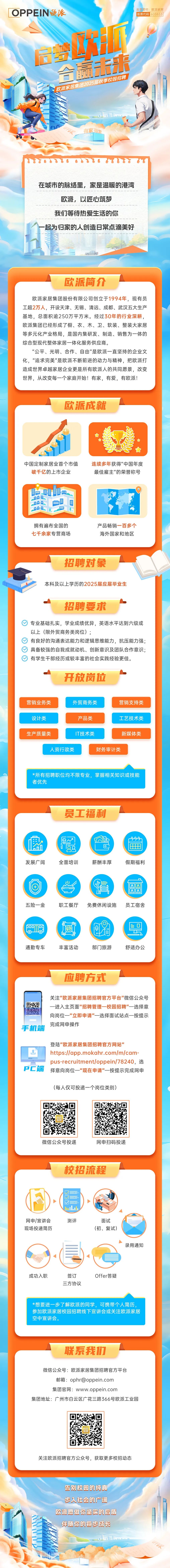 <p>OPPEIN歐派</p>
<p>股票简称:欧派家居<br/>股票代码 603833</p>
<p>后梦品派</p>
<p>合副米</p>
<p>欧派家居集团2025届秋季校园招聘</p>
<p>在城市的脉络里，家是温暖的港湾</p>
<p>欧派，以匠心筑梦<br/>我们等待热爱生活的你</p>
<p>起为归家的人创造日常点滴美好</p>
<p>欧派简介</p>
<p>欧派家居集团股份有限公司创立于1994年，现有员<br/>工超2万人，开设天津、无锡、清远、成都、武汉五大生产<br/>基地，总面积逾250万平方米。经过30年的行业深耕,<br/>欧派集团已经形成了橱、衣、木、卫、软装、整装大家居<br/>等多元化产业格局，是国内集研发、制造、销售为一体的<br/>综合型现代整体家居一体化服务供应商。</p>
<p>"公平、光明、合作、自由"是欧派一直坚持的企业文<br/>化，"追求完美"是欧派不断前进的动力与精神，把欧派打<br/>造成世界卓越家居企业更是所有欧派人的共同愿景，改变<br/>世界，从改变每一个家庭开始!有家，有爱，有欧派!</p>
<p>欧派成就</p>
<p>中国定制家居业首个市值</p>
<p>破千亿的上市企业</p>
<p>连续多年获得"中国年度<br/>最佳雇主"的荣誉称号</p>
<p>l<br/>lll<br/>l<br/> <br/>山<br/>A8</p>
<p>A己</p>
<p>国</p>
<p>Ad向</p>
<p>E</p>
<p>拥有遍布全国的<br/>七千余家专营商场</p>
<p>产品畅销一百多个<br/>海外国家和地区</p>
<p>招聘对象</p>
<p>本科及以上学历的2025届应届毕业生</p>
<p>招聘要求</p>
<p>专业基础扎实，学业成绩优异，英语水平达到六级或<br/>以上(限外贸商务类岗位);</p>
<p>有良好的沟通表达能力和逻辑思维能力，抗压能力强;<br/>具备较强的自我成就动机、创新意识及团队合作意识;<br/>有学生干部经历或较丰富的社会实践经验更佳。</p>
<p>开放岗位</p>
<p>营销业务类</p>
<p>外贸商务类</p>
<p>营销支持类</p>
<p>设计类</p>
<p>产品类</p>
<p>工艺技术类</p>
<p>生产质量类</p>
<p>IT技术类</p>
<p>新媒体类</p>
<p>人资行政类</p>
<p>财务审计类</p>
<p>*所有招聘职位均不限专业，掌握相关知识或技能<br/>者优先</p>
<p>员工福利</p>
<p> <br/>发展广阔</p>
<p> </p>
<p> <br/>全面培训</p>
<p> </p>
<p>O</p>
<p>999</p>
<p>薪酬丰厚</p>
<p>假期福利</p>
<p>88</p>
<p>88</p>
<p>五险一金</p>
<p>职工餐厅</p>
<p>免费休闲设施</p>
<p>员工宿舍</p>
<p>0000</p>
<p>LG<br/>o<br/>通勤专车</p>
<p>写<br/> </p>
<p> <br/> <br/>E</p>
<p>2</p>
<p>三</p>
<p>丰富活动</p>
<p>部门旅游</p>
<p>0</p>
<p> <br/>舒适办公</p>
<p>应聘方式</p>
<p>手机端</p>
<p>关注"欧派家居集团招聘官方平台"微信公众号<br/>一进入主页面"招聘管理一校园招聘"一选择意<br/>向岗位一"立即申请"一选择面试站点一按提示<br/>完成网申操作</p>
<p>PC端</p>
<p>登陆"欧派家居集团招聘官方网站"</p>
<p>https://app.mokahr.com/m/cam.<br/>pus-recruitment/oppein/78240，选<br/>择意向岗位一"现在申请"一按提示完成网申</p>
<p>(每人仅可投递一个岗位类别)</p>
<p>微信公众号投递</p>
<p>网申扫码投递</p>
<p>校招流程</p>
<p>.d</p>
<p>网申/宣讲会<br/>现场投递简历</p>
<p>测评</p>
<p>面试<br/>(初、复试)</p>
<p>录用通知</p>
<p>成功入职</p>
<p>签订<br/>三方协议</p>
<p>Offer答疑</p>
<p>*想要进一步了解欧派的同学，可携带个人简历，<br/>参加欧派家居校园招聘线下宣讲会或关注欧派家居<br/>空中宣讲会。</p>
<p>联系我们</p>
<p>微信公众号:欧派家居集团招聘官方平台<br/>邮箱:ophr@oppein.com</p>
<p>集团官网:www.oppein.com</p>
<p>集团地址:广州市白云区广花三路366号欧派工业园</p>
<p>关注欧派招聘官方公众号，获取更多校招动态</p>
<p>告别校园的纯真<br/>步入社会的广阔<br/>欧派愿做你坚实的后盾<br/>伴随你的每步成长</p>
