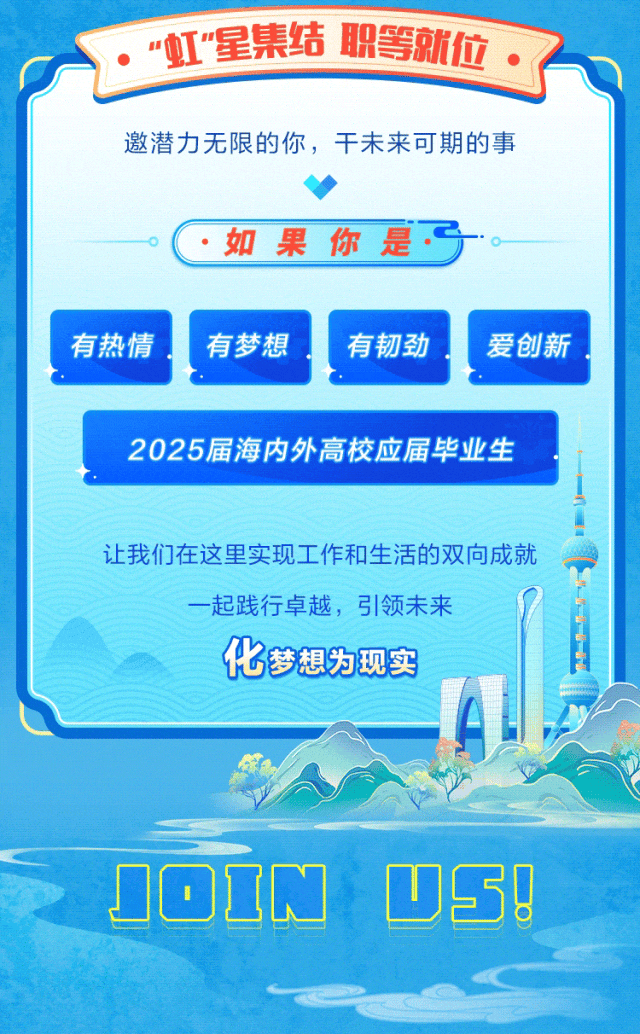 <p>. "虹”星集结职等就位</p>
<p>邀潜力无限的你,干未来可期的事</p>
<p>  如果你是了 </p>
<p>J0 DINDS!</p>

<table>
<tr><td>有热情</td>
<td colspan="2">有梦想 有韧劲 爱创新</td>
</tr>
<tr><td colspan="3">2025届海内外高校应届毕业生</td>
</tr>
<tr><td colspan="3">让我们在这里实现工作和生活的双向成就一起践行卓越,引领未来 )化梦想为现实n</td>
</tr>
<tr><td colspan="2"></td>
<td></td>
</tr>
</table>
