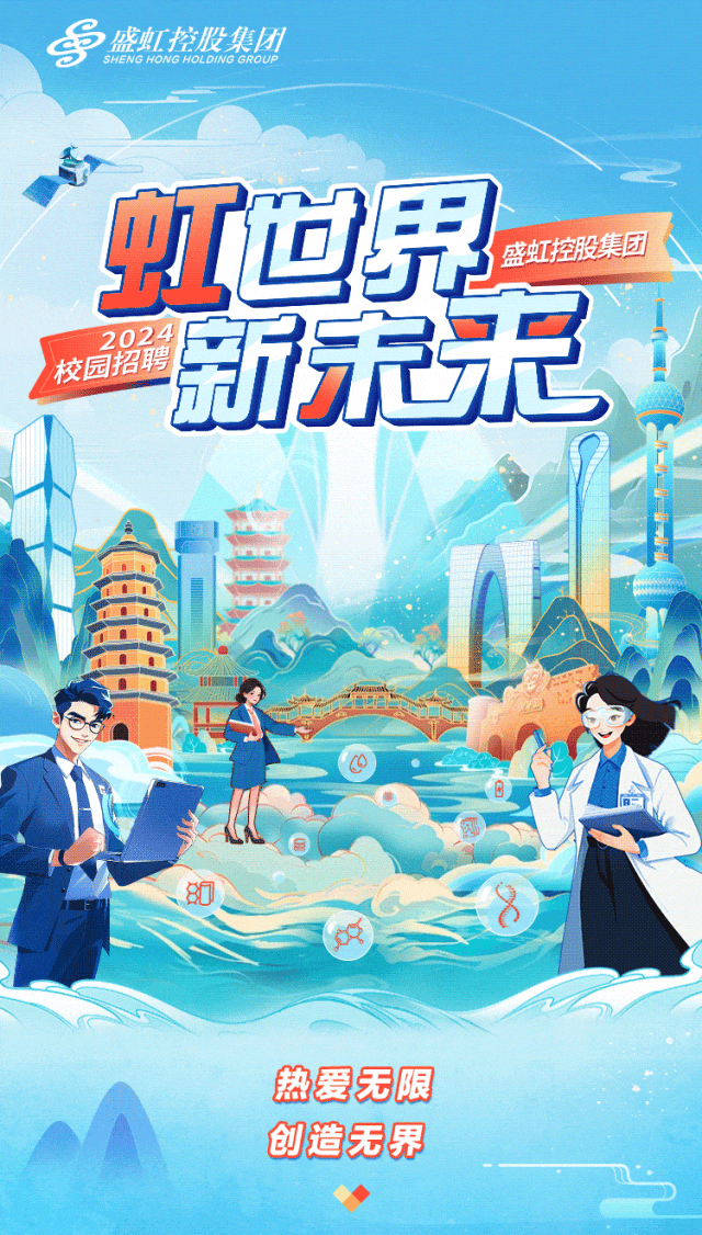 <p>盛虹控股集团</p>
<p>SHENG HONG HOL DING GROUP</p>
<p>热爱无限</p>
<p>创造无界</p>

<table>
<tr><td></td>
<td colspan="3">虹世界 盛虹控股集团</td>
</tr>
<tr><td>2024</td>
<td colspan="3"></td>
</tr>
<tr><td colspan="4">校园招聘 新永无 多一广</td>
</tr>
<tr><td colspan="3"></td>
<td></td>
</tr>
<tr><td rowspan="2">80</td>
<td rowspan="2"></td>
<td></td>
<td></td>
</tr>
<tr><td>8</td>
<td></td>
</tr>
<tr><td></td>
<td colspan="3"></td>
</tr>
<tr><td></td>
<td colspan="3"></td>
</tr>
</table>
