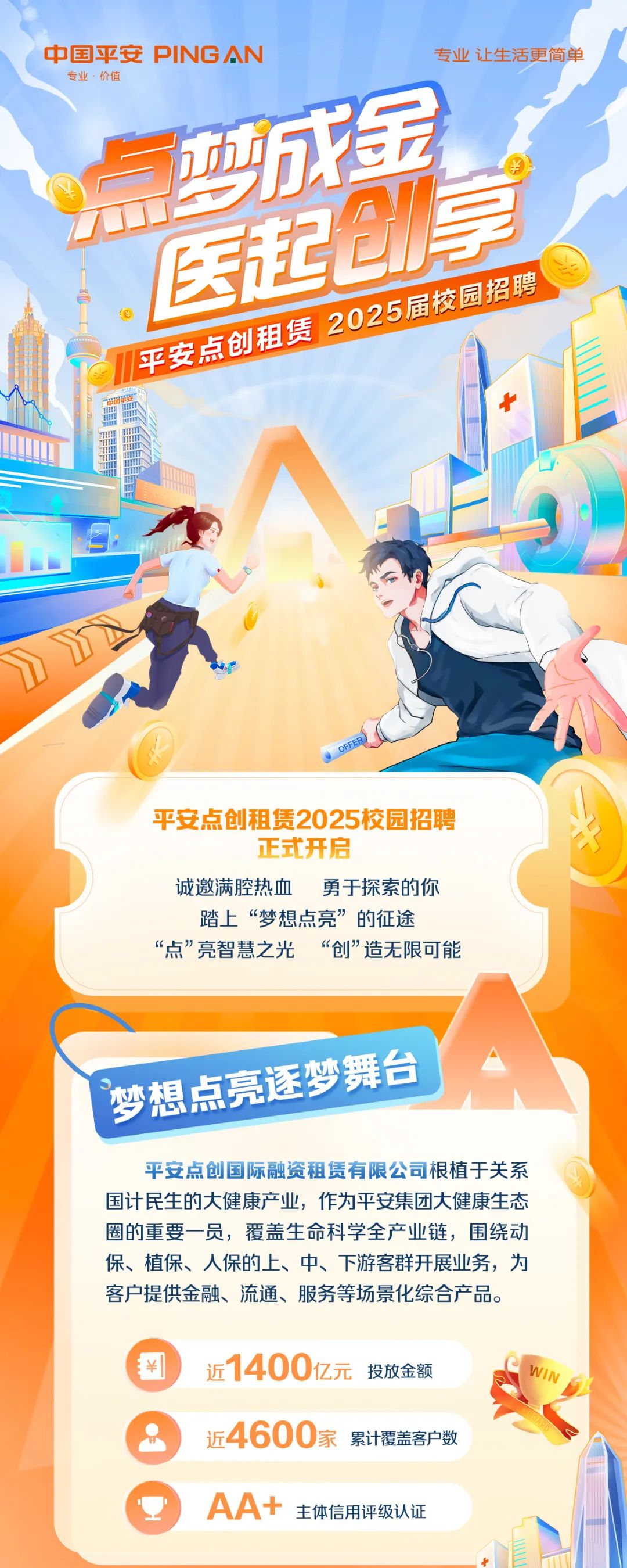 <p>中国平安 PINGAN</p>
<p>专业让生活更简单</p>
<p>专业·价值</p>
<p>点成金</p>
<p>医起创享<br/>平安点创租赁 2025届校园招聘</p>
<p>7FFF</p>
<p>平安点创租赁2025校园招聘</p>
<p>正式开启</p>
<p>诚邀满腔热血勇于探索的你</p>
<p>踏上“梦想点亮”的征途</p>
<p>“点”亮智慧之光“创”造无限可能</p>
<p>梦想点亮逐梦舞台</p>
<p>平安点创国际融资租赁有限公司根植于关系<br/>国计民生的大健康产业，作为平安集团大健康生态<br/>圈的重要一员，覆盖生命科学全产业链，围绕动<br/>保、植保、人保的上、中、下游客群开展业务，为<br/>客户提供金融、流通、服务等场景化综合产品。</p>
<p>近1400亿元<br/>投放金额<br/>近4600家累计覆盖客户数<br/>AA+<br/>主体信用评级认证</p>
