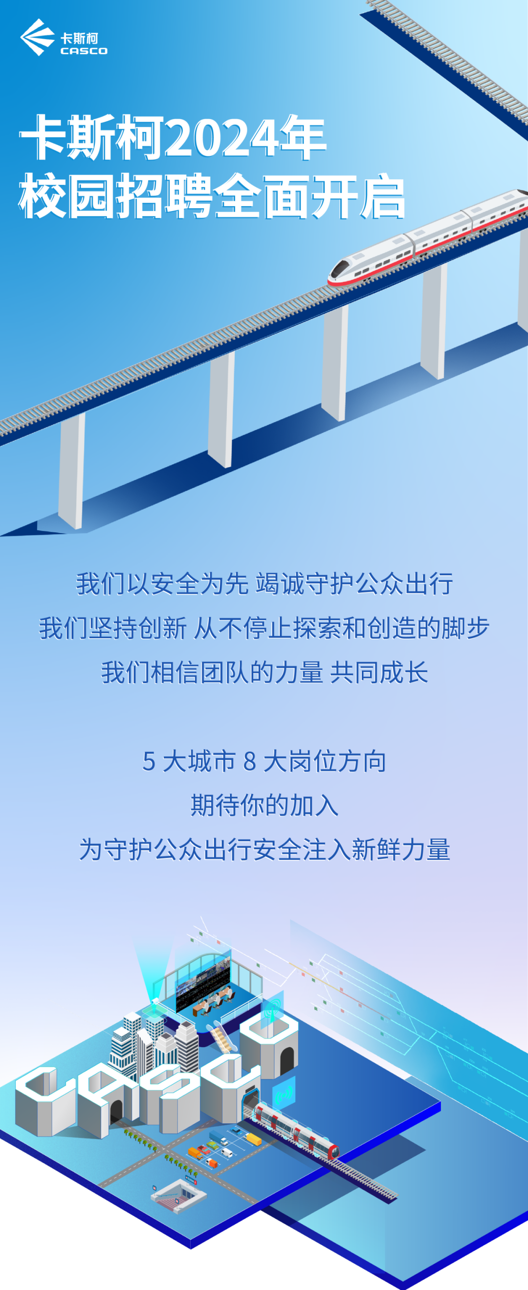 <p>卡斯柯<br/>CasCc</p>
<p>卡斯柯2024年<br/>校园招聘全面开启</p>
<p>我们以安全为先竭诚守护公众出行<br/>我们坚持创新从不停止探索和创造的脚步<br/>我们相信团队的力量 共同成长</p>
<p>5大城市8大岗位方向<br/>期待你的加入</p>
<p>为守护公众出行安全注入新鲜力量</p>