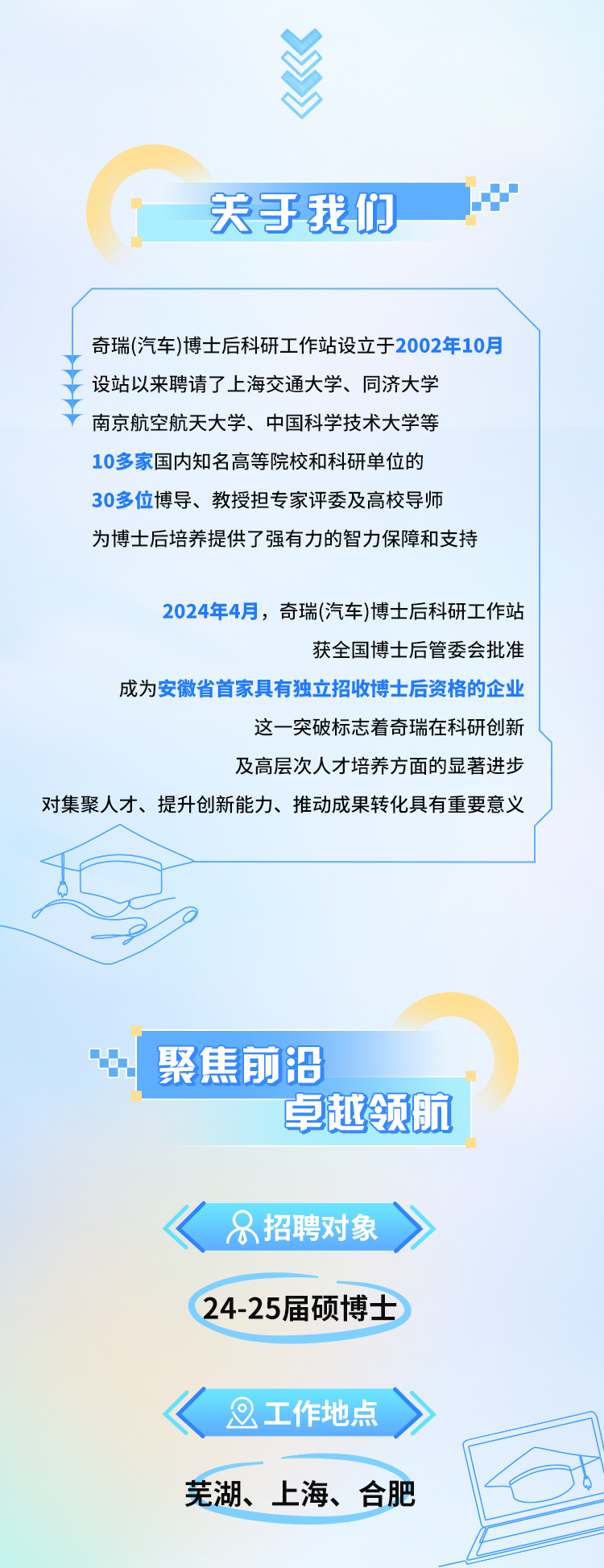 <p>关于我们</p>
<p>奇瑞(汽车)博士后科研工作站设立于2002年10月</p>
<p>设站以来聘请了上海交通大学、同济大学</p>
<p>南京航空航天大学、中国科学技术大学等</p>
<p>10多家国内知名高等院校和科研单位的</p>
<p>30多位博导、教授担专家评委及高校导师</p>
<p>为博士后培养提供了强有力的智力保障和支持</p>
<p>2024年4月,奇瑞(汽车)博士后科研工作站</p>
<p>获全国博士后管委会批准</p>
<p>成为安徽省首家具有独立招收博士后资格的企业</p>
<p>这一突破标志着奇瑞在科研创新</p>
<p>及高层次人才培养方面的显著进步</p>
<p>对集聚人才、提升创新能力、推动成果转化具有重要意义</p>
<p>中聚焦前沿</p>
<p>卓越领航</p>
<p>&招聘对象</p>
<p>24-25届硕博士</p>
<p>2工作地点</p>
<p>sh</p>
<p>芜湖、上海、合肥</p>
