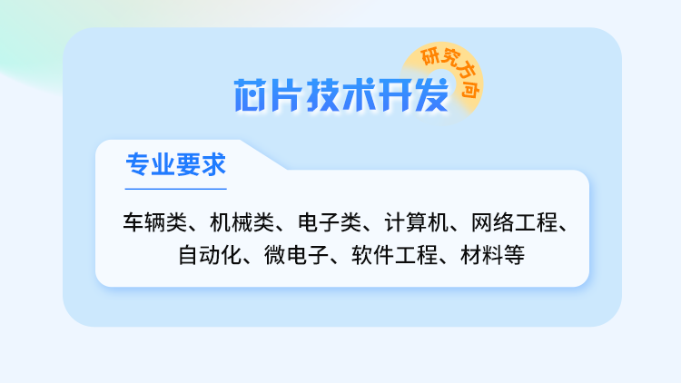 <p>合机方仓</p>
<p>芯片技术开发</p>
<p>专业要求</p>
<p>车辆类、机械类、电子类、计算机、网络工程、</p>
<p>自动化、微电子、软件工程、材料等</p>
